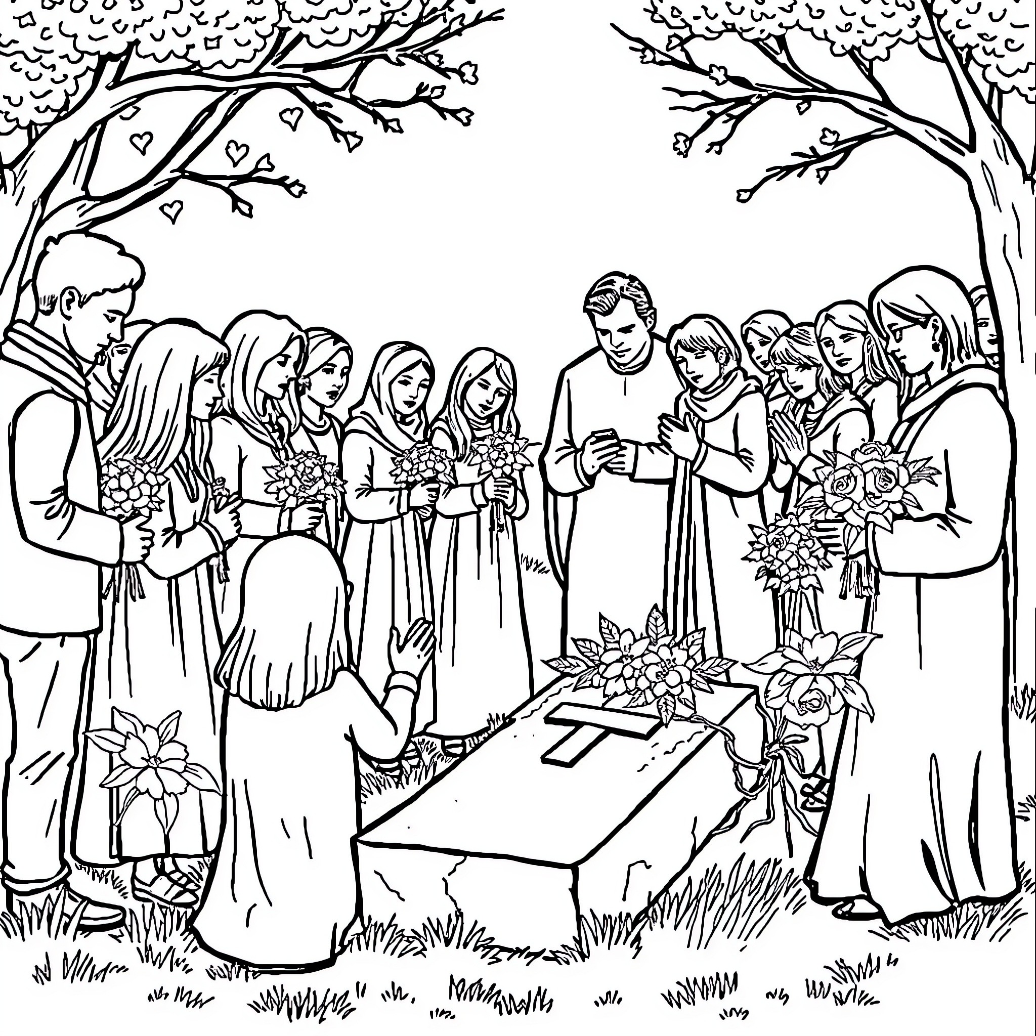 Funeral ceremony in a serene forest setting Coloring Page (free black-and-white line drawing printable PDF for all, from beginners to advanced learners, including children, teens, adults, and seniors)