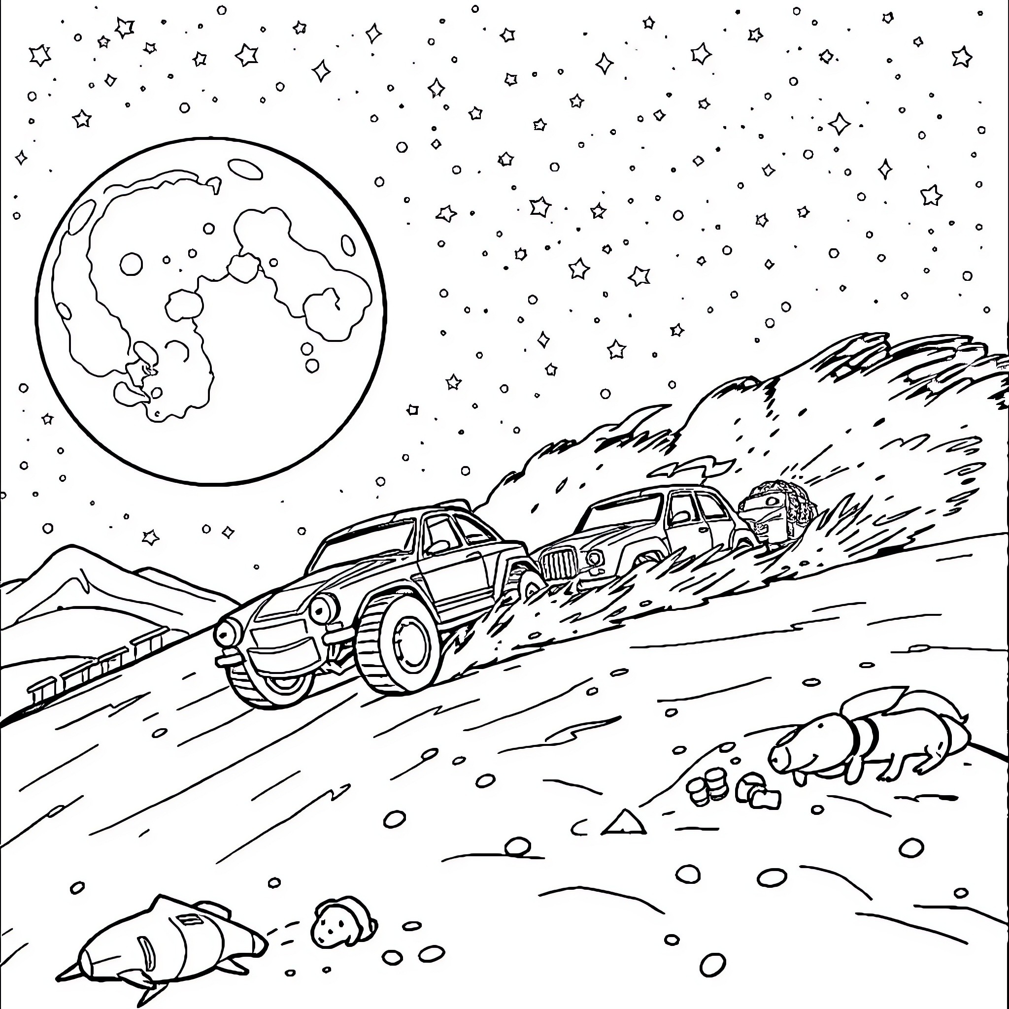Cars racing through the desert under a starry night sky Coloring Page (free black-and-white line drawing printable PDF for all, from beginners to advanced learners, including children, teens, adults, and seniors)