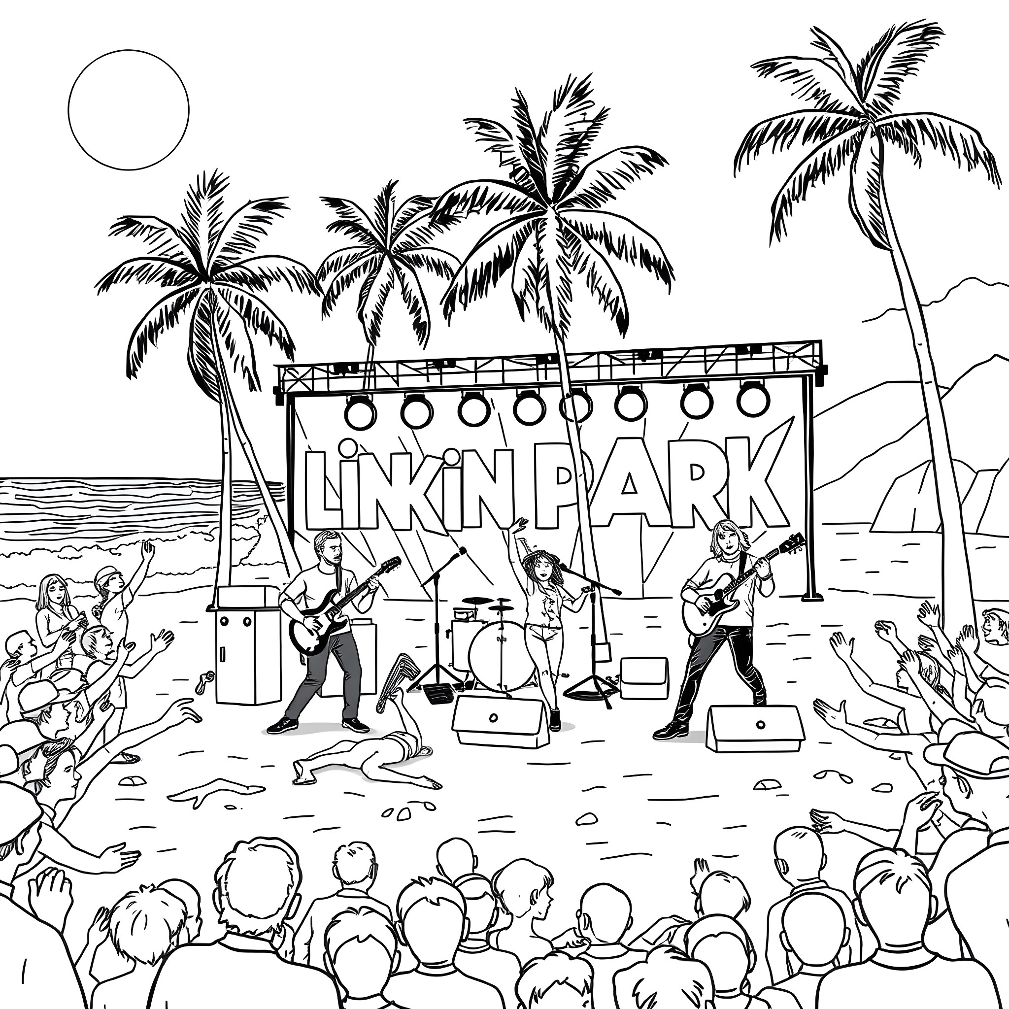 Linkin Park performing on a tropical beach stage Coloring Page (free black-and-white line drawing printable PDF for all, from beginners to advanced learners, including children, teens, adults, and seniors)