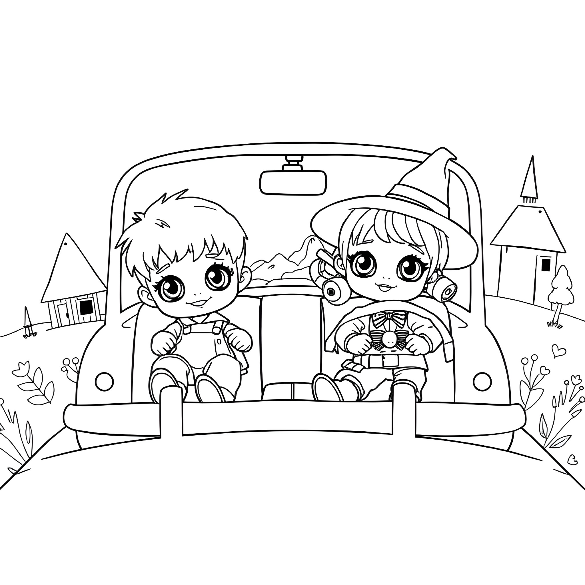 Doll friends on a road trip adventure Coloring Page (free black-and-white line drawing printable PDF for all, from beginners to advanced learners, including children, teens, adults, and seniors)