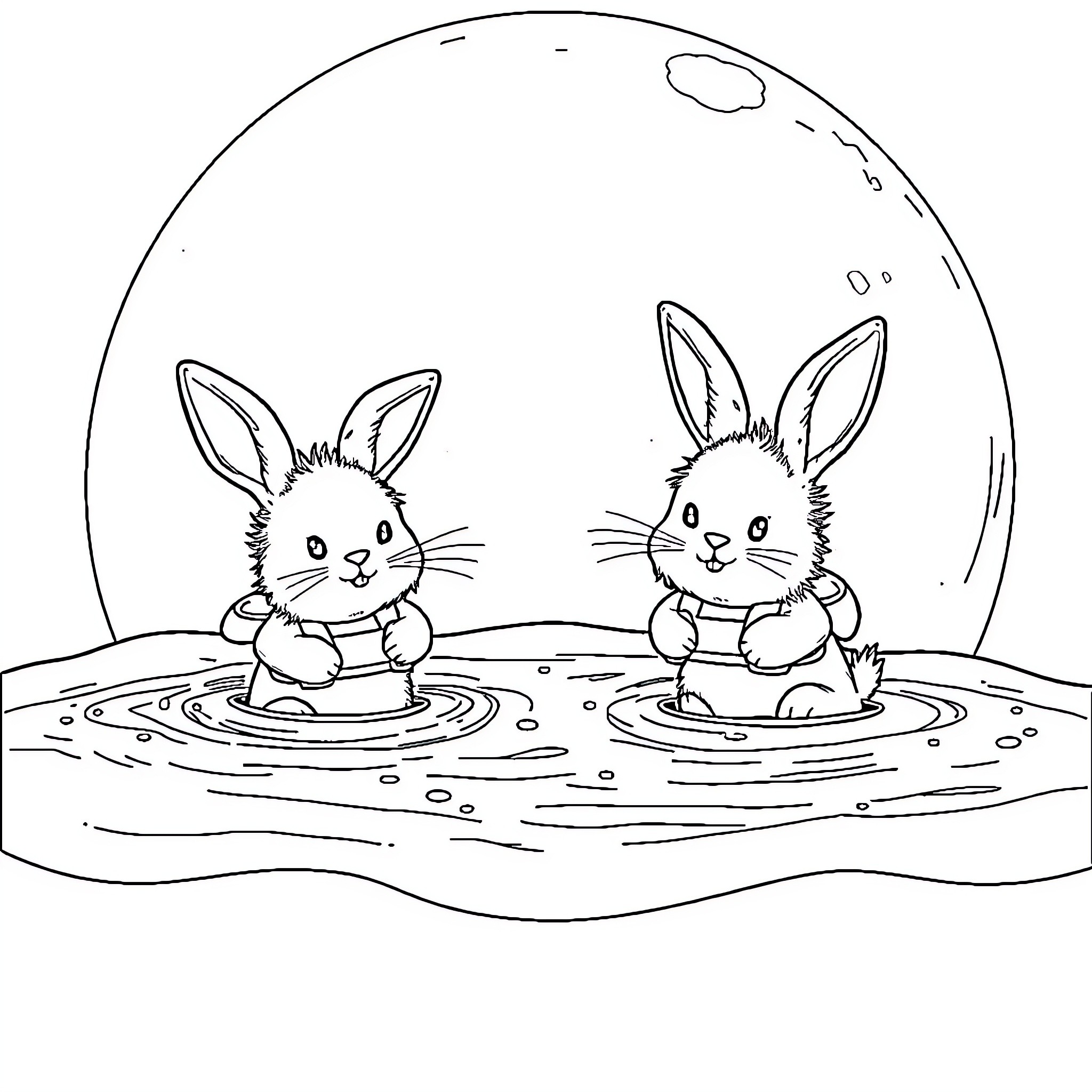 Rabbits swimming happily in the pond Coloring Page (free black-and-white line drawing printable PDF for all, from beginners to advanced learners, including children, teens, adults, and seniors)