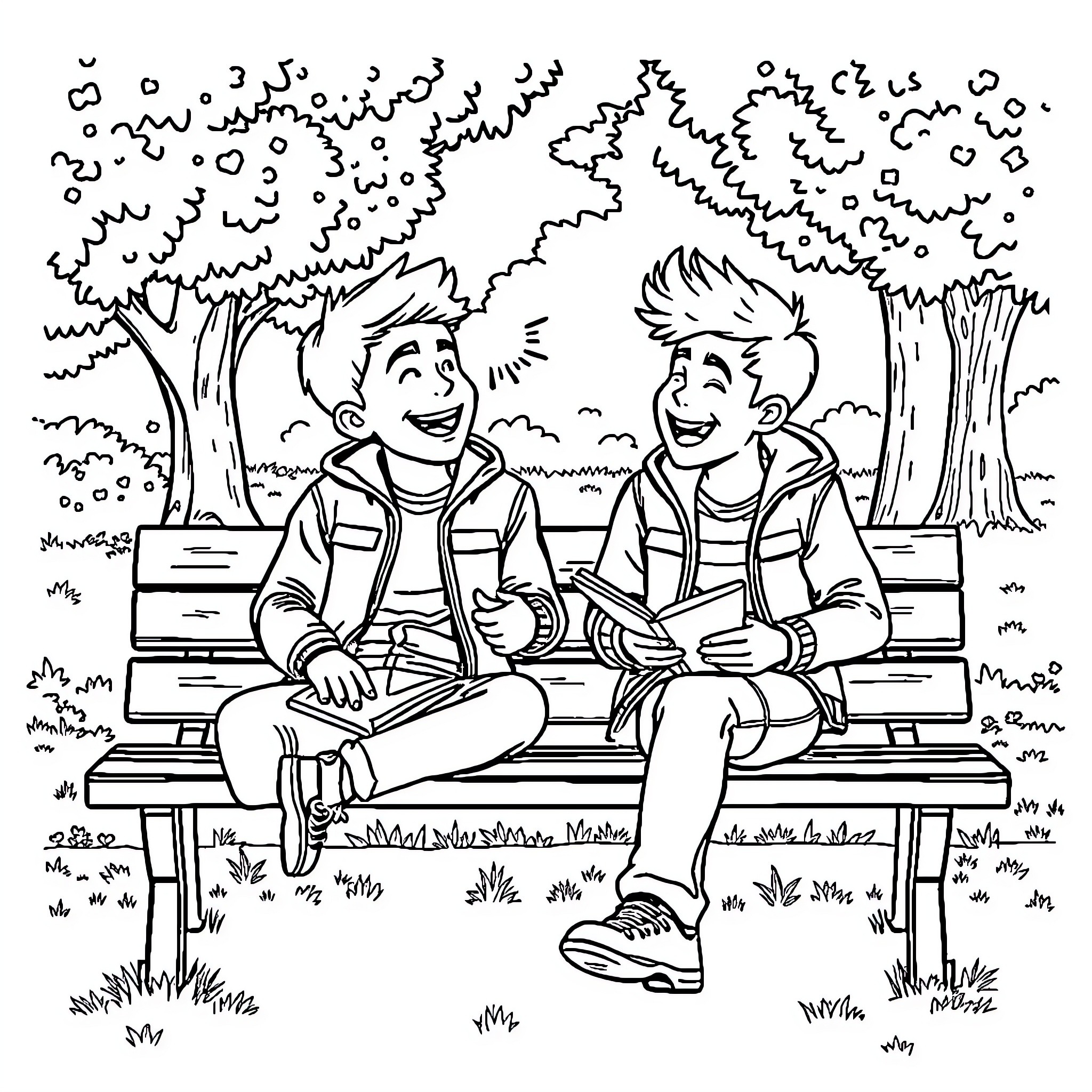 Mikey and Friend Enjoying a Sunny Day Outdoors Coloring Page (free black-and-white line drawing printable PDF for all, from beginners to advanced learners, including children, teens, adults, and seniors)