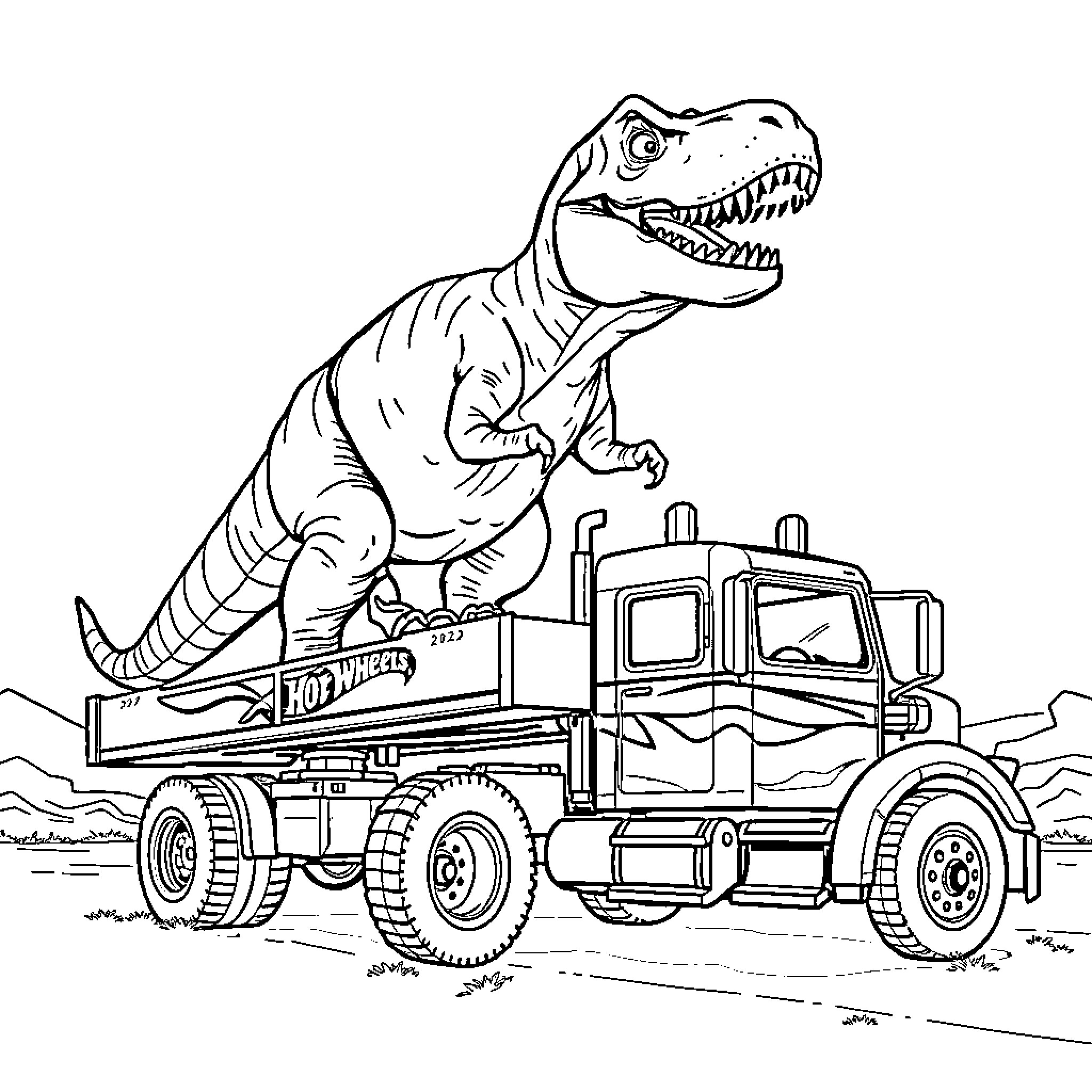 T-Rex riding a toy truck in the wild Coloring Page (free black-and-white line drawing printable PDF for all, from beginners to advanced learners, including children, teens, adults, and seniors)
