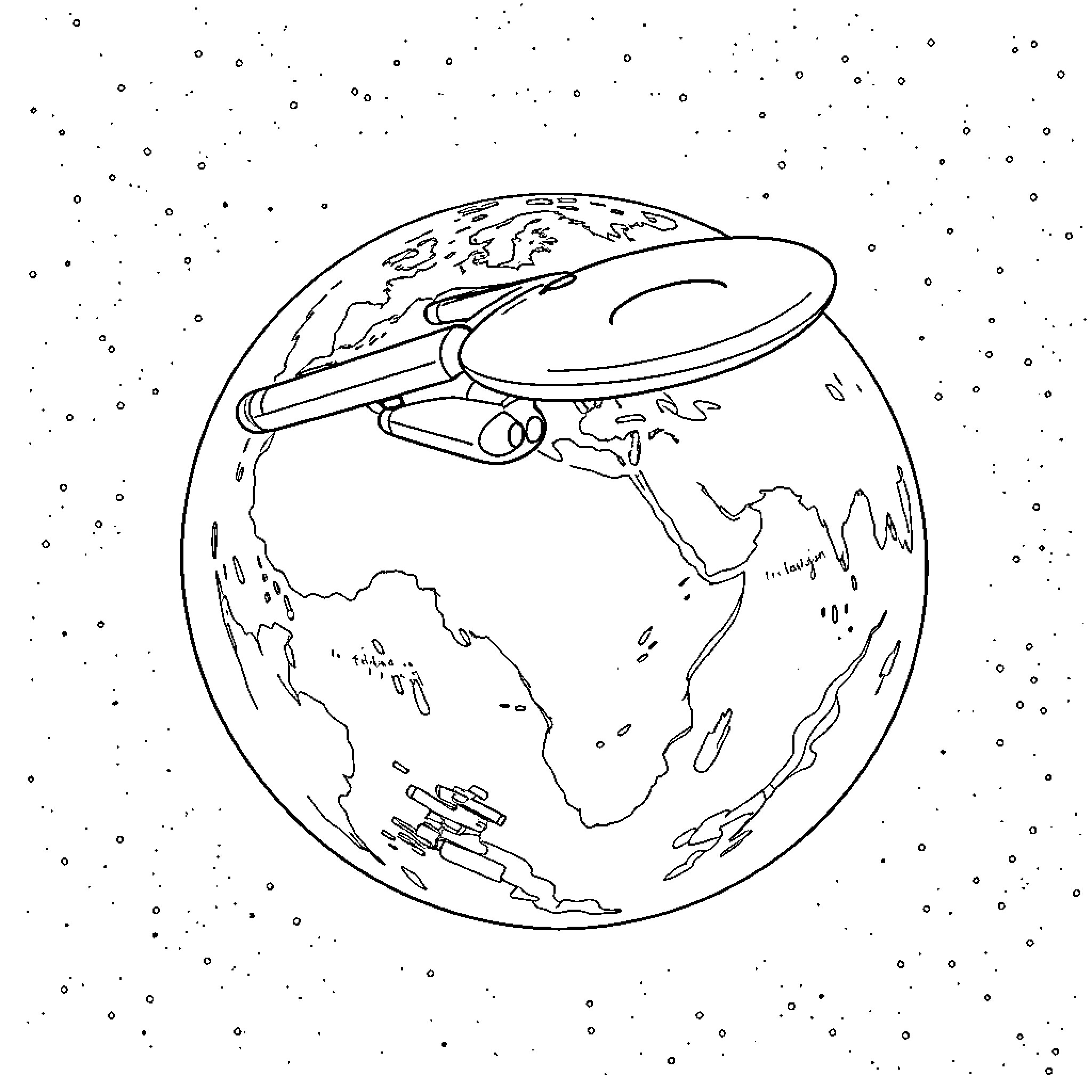 USS Enterprise exploring the Earth in space Coloring Page (free black-and-white line drawing printable PDF for all, from beginners to advanced learners, including children, teens, adults, and seniors)