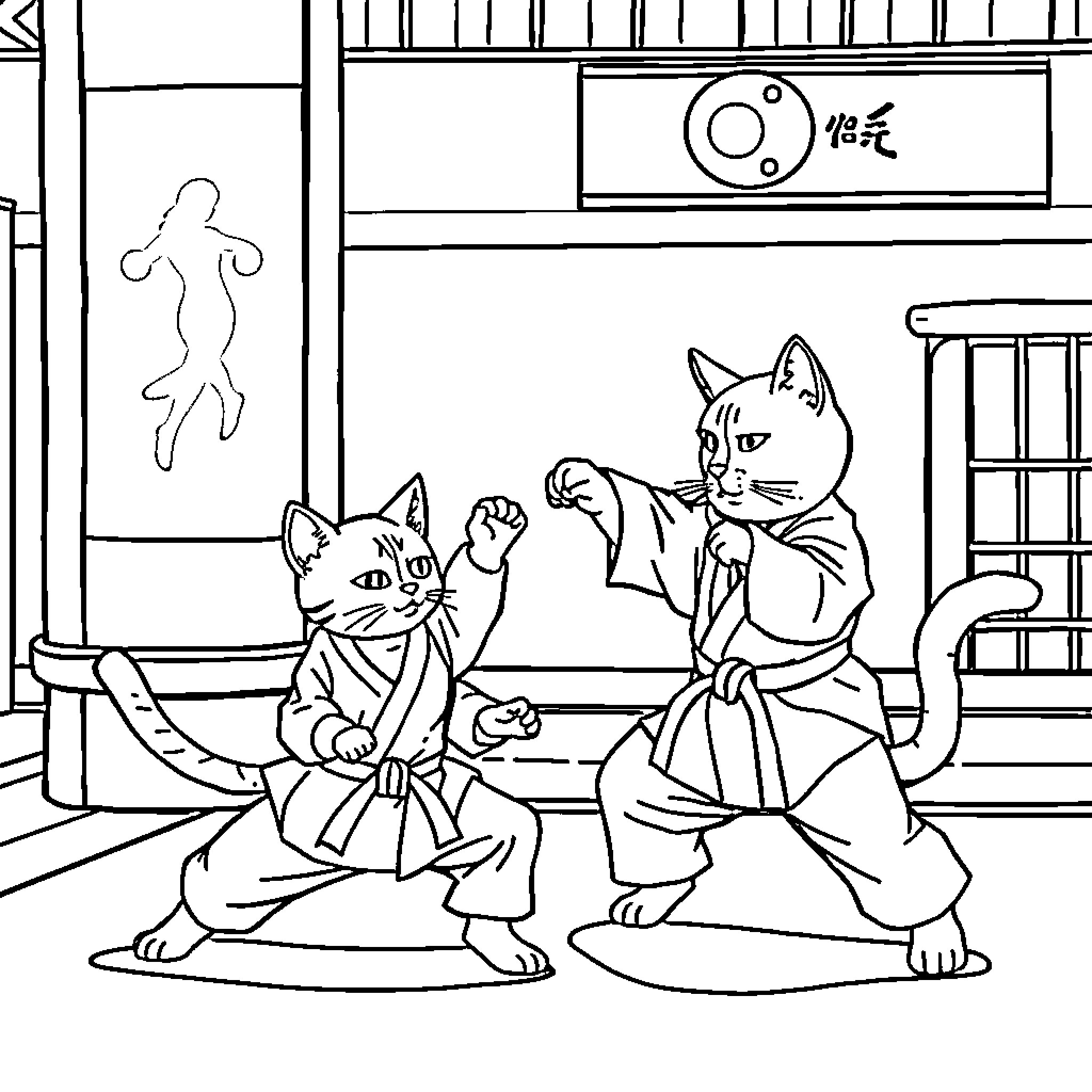 Cat Samurai Warriors in Traditional Japanese Setting Coloring Page (free black-and-white line drawing printable PDF for all, from beginners to advanced learners, including children, teens, adults, and seniors)