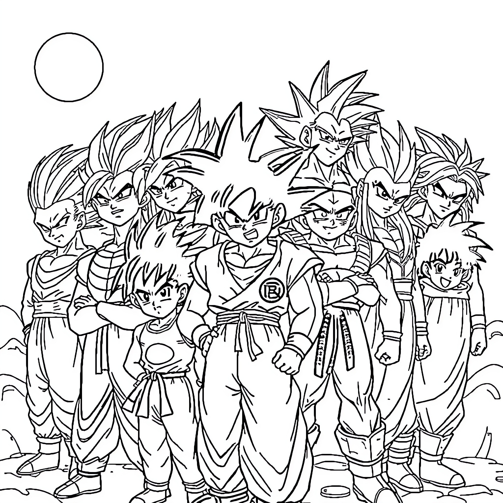 Dragon Ball Z Characters Gathered Together Coloring Page (free black-and-white line drawing printable PDF for all, from beginners to advanced learners, including children, teens, adults, and seniors)