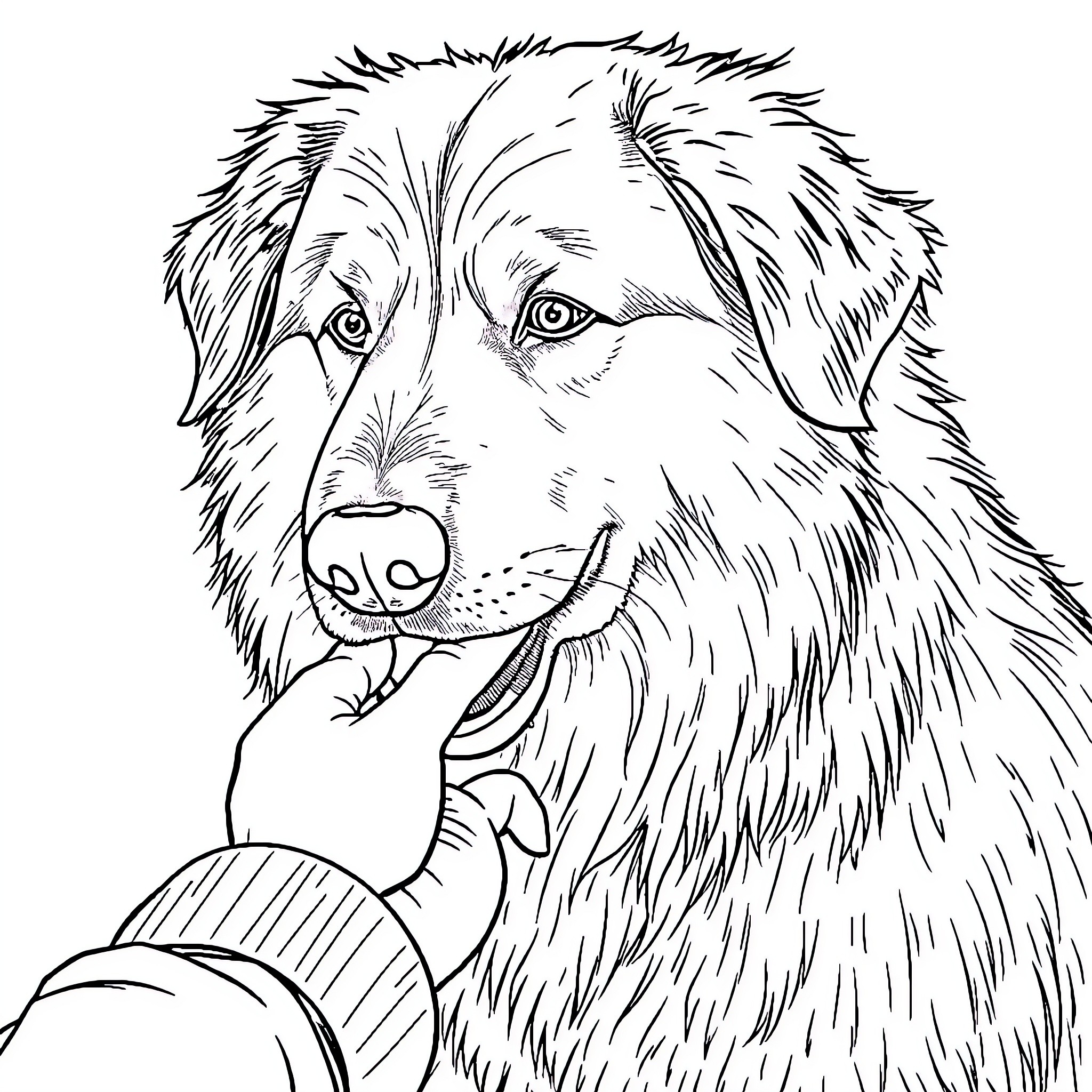 Dog Enjoying a Gentle Petting Session Coloring Page (free black-and-white line drawing printable PDF for all, from beginners to advanced learners, including children, teens, adults, and seniors)