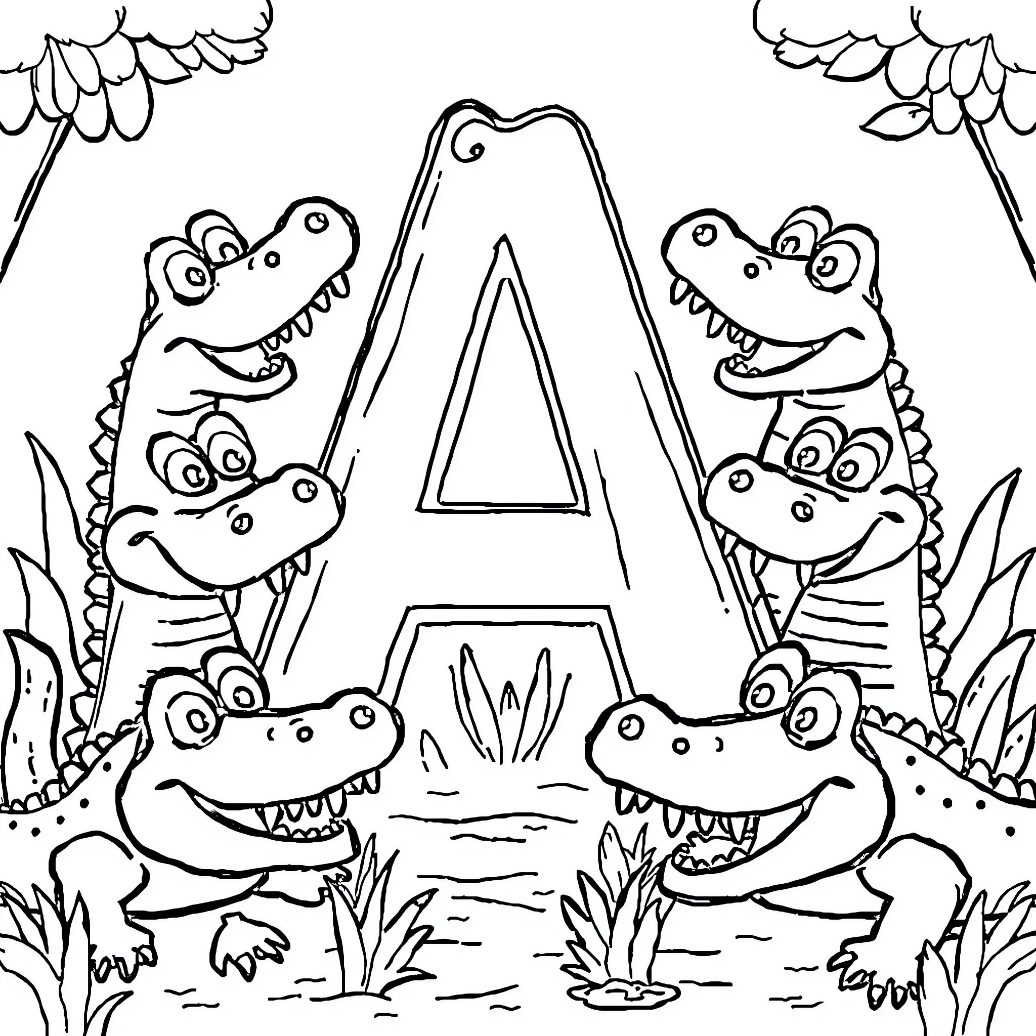 Alligators happily playing in the swamp Coloring Page (free black-and-white line drawing printable PDF for all, from beginners to advanced learners, including children, teens, adults, and seniors)
