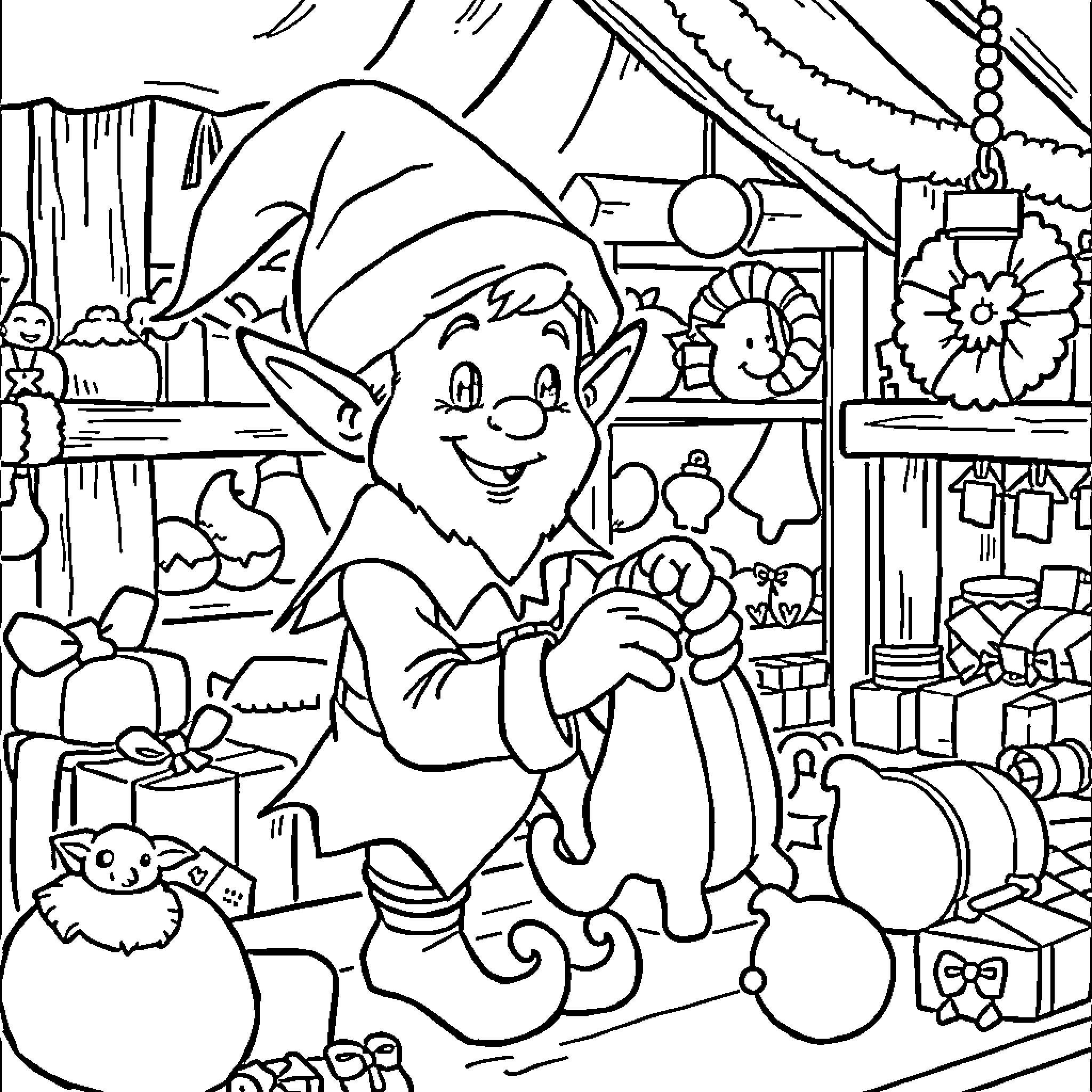 Elf working diligently in festive workshop Coloring Page (free black-and-white line drawing printable PDF for all, from beginners to advanced learners, including children, teens, adults, and seniors)