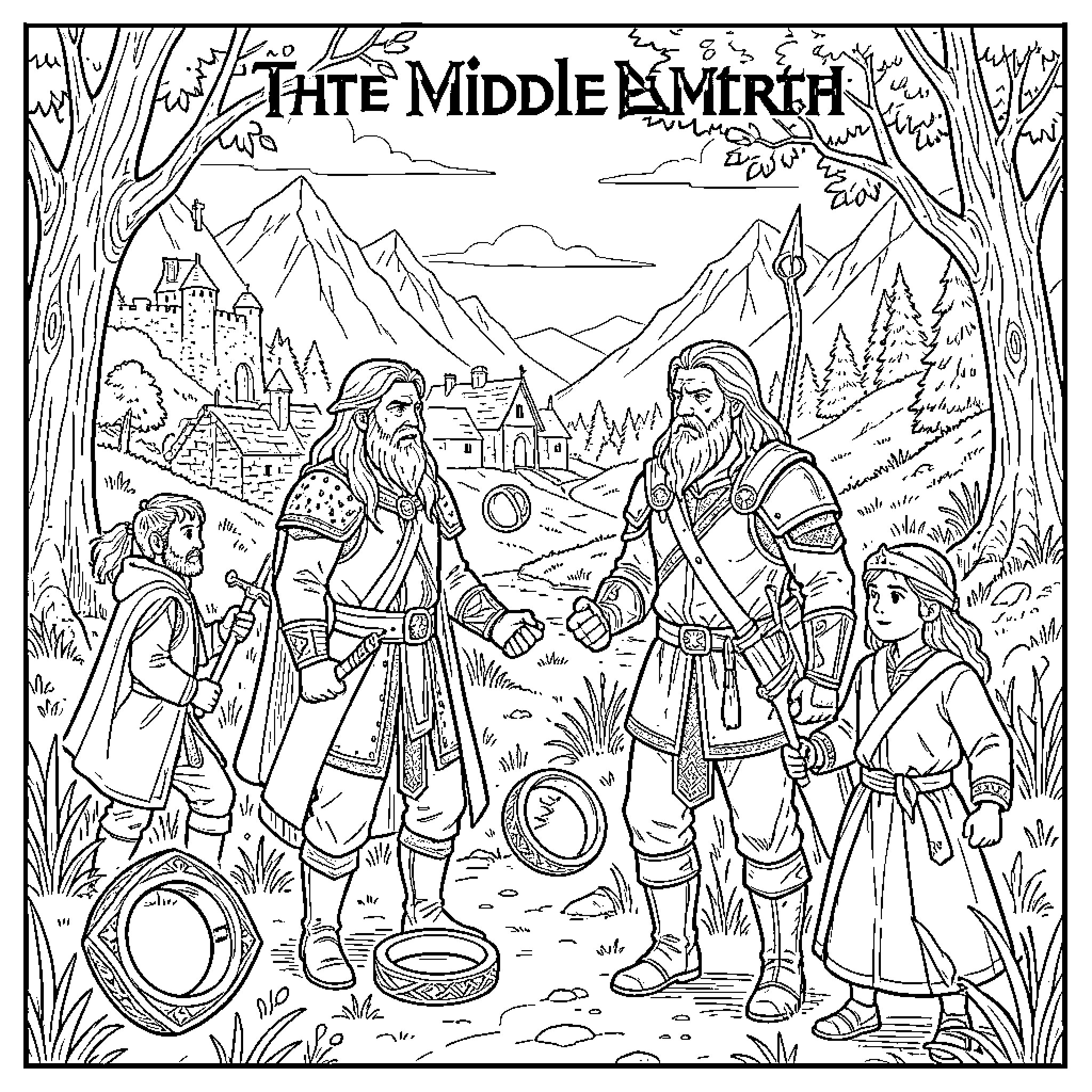 Lord of the Rings characters meeting in a mountain landscape Coloring Page (free black-and-white line drawing printable PDF for all, from beginners to advanced learners, including children, teens, adults, and seniors)