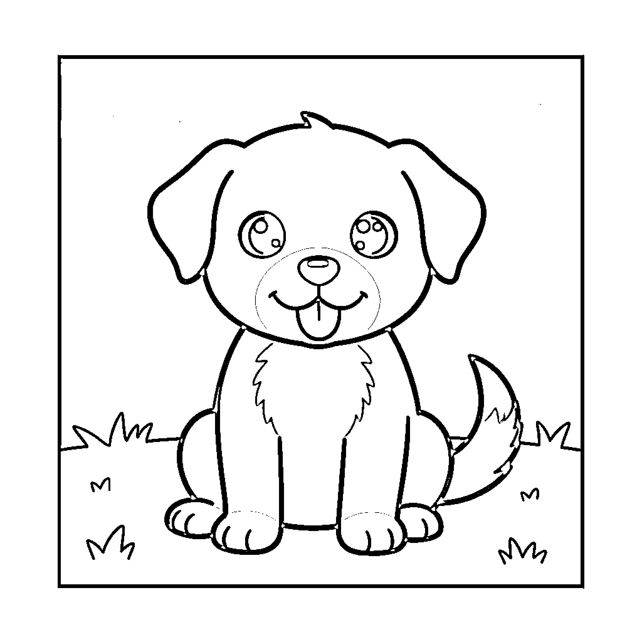 Puppy sitting happily in grass Coloring Page (free black-and-white line drawing printable PDF for all, from beginners to advanced learners, including children, teens, adults, and seniors)