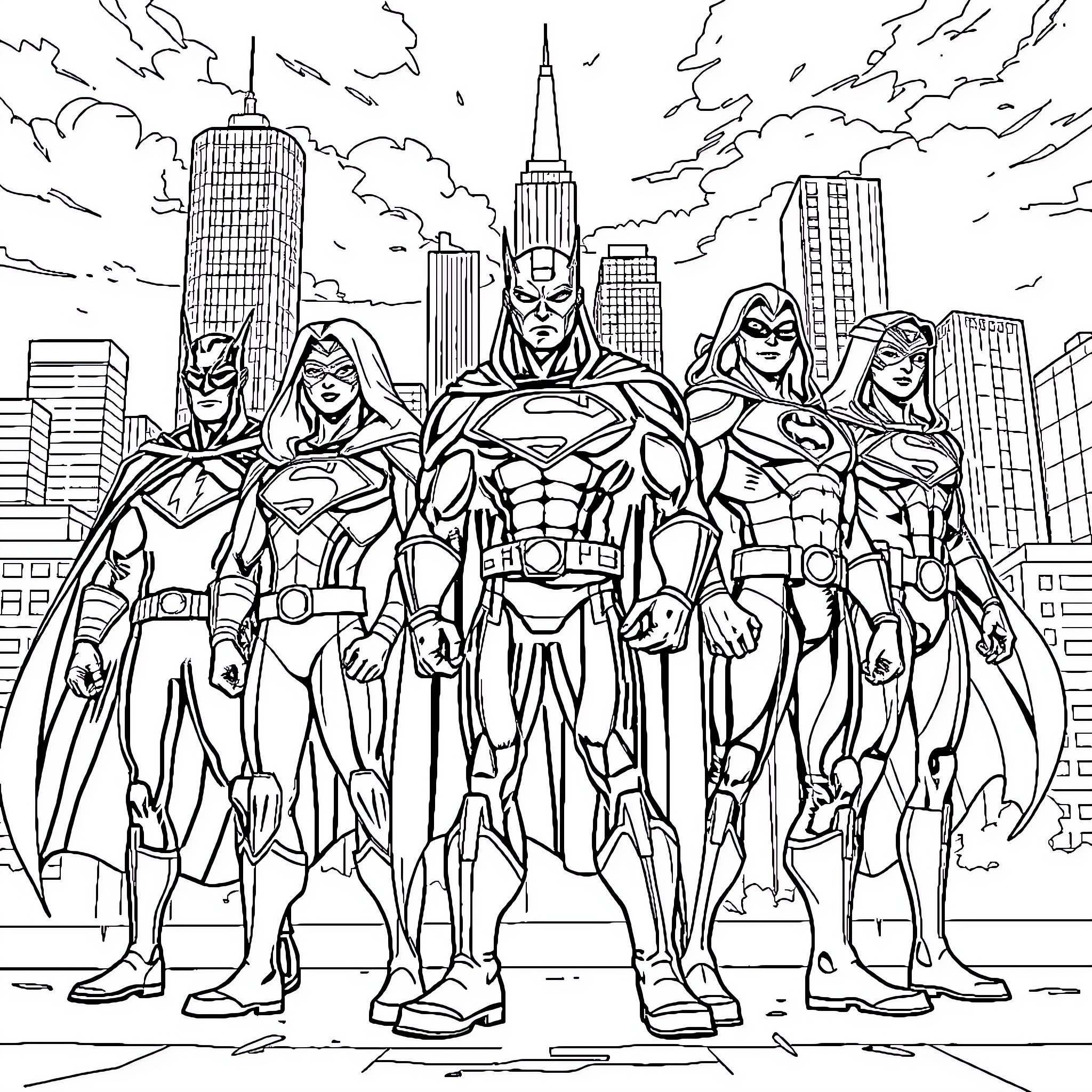 Superhero Team Standing Heroically Against City Skyline Coloring Page (free black-and-white line drawing printable PDF for all, from beginners to advanced learners, including children, teens, adults, and seniors)