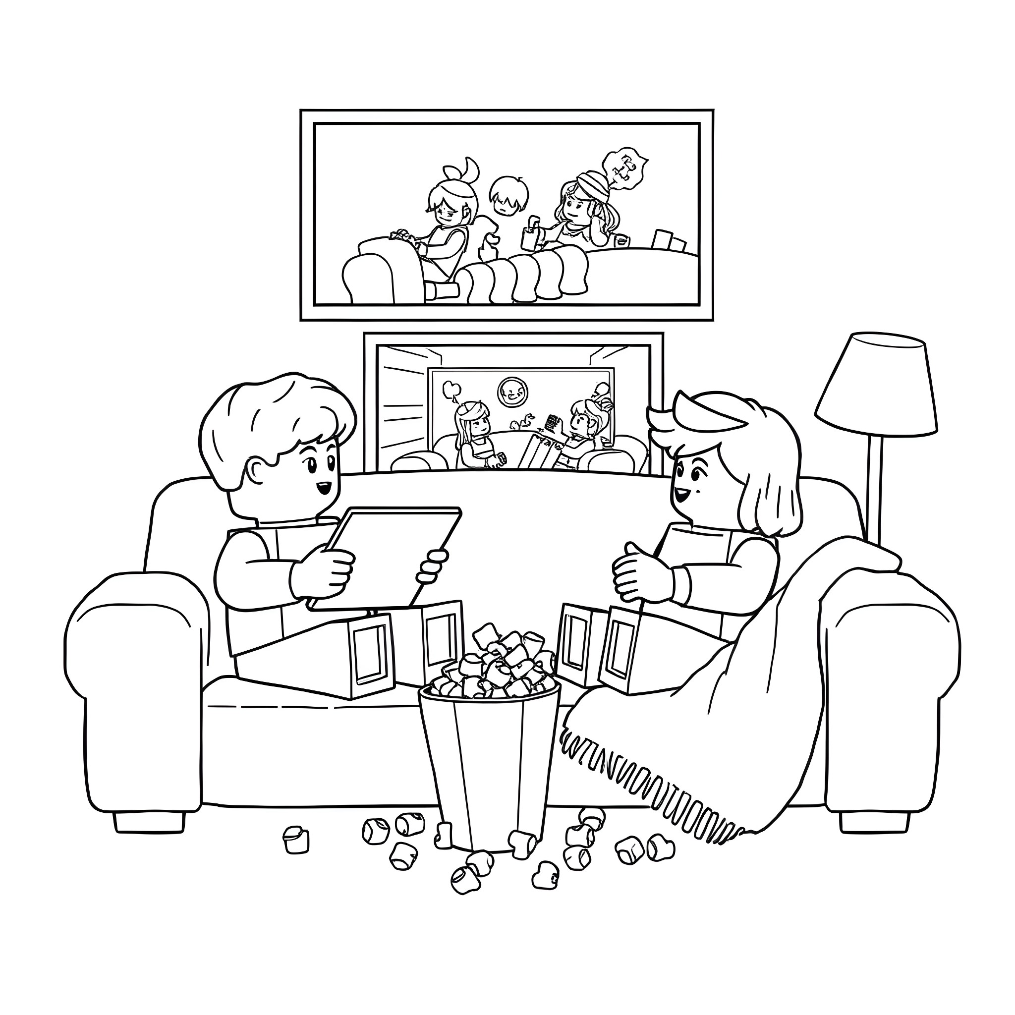 Lego characters enjoying movie night on the couch Coloring Page (free black-and-white line drawing printable PDF for all, from beginners to advanced learners, including children, teens, adults, and seniors)