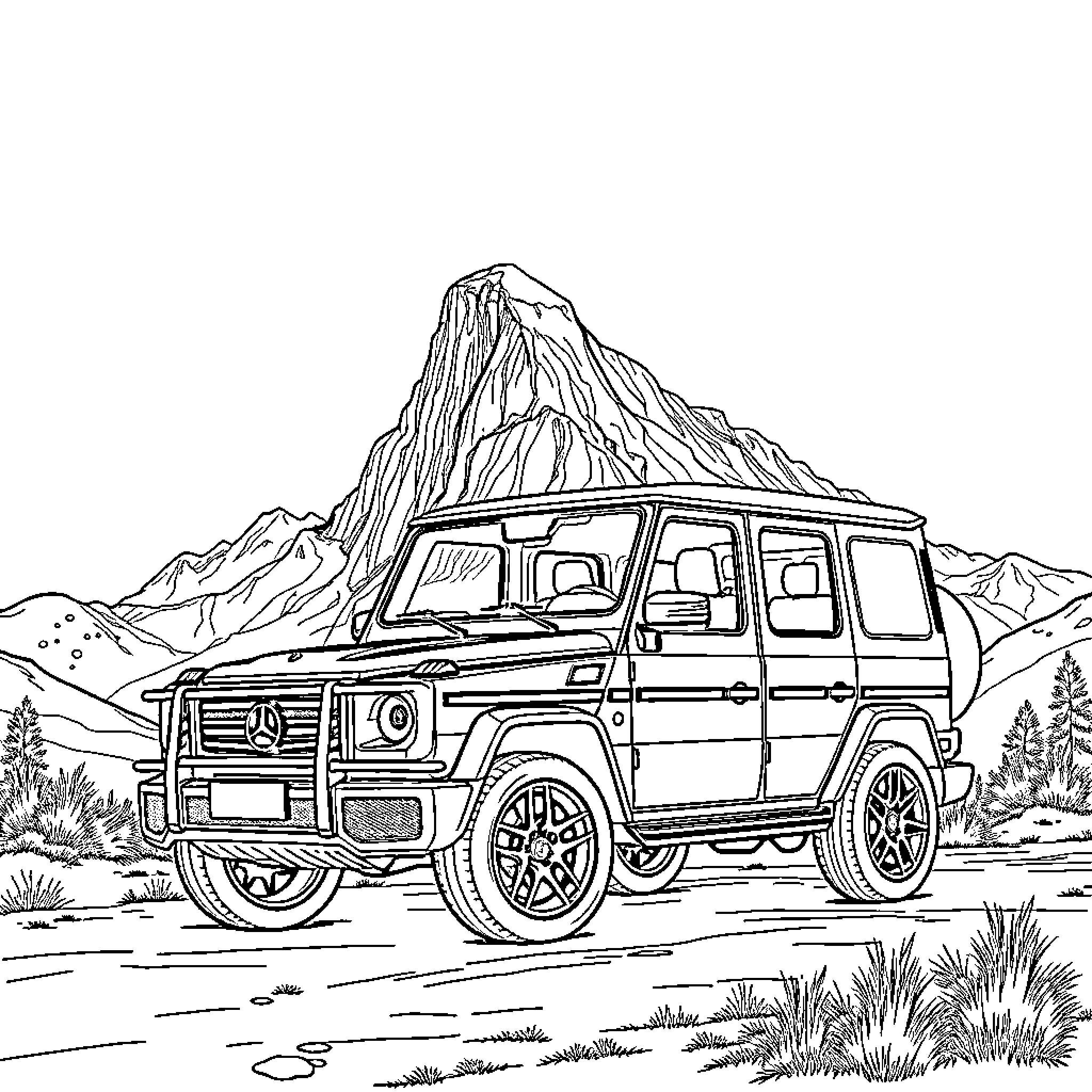 Mercedes luxury SUV in mountain landscape Coloring Page (free black-and-white line drawing printable PDF for all, from beginners to advanced learners, including children, teens, adults, and seniors)