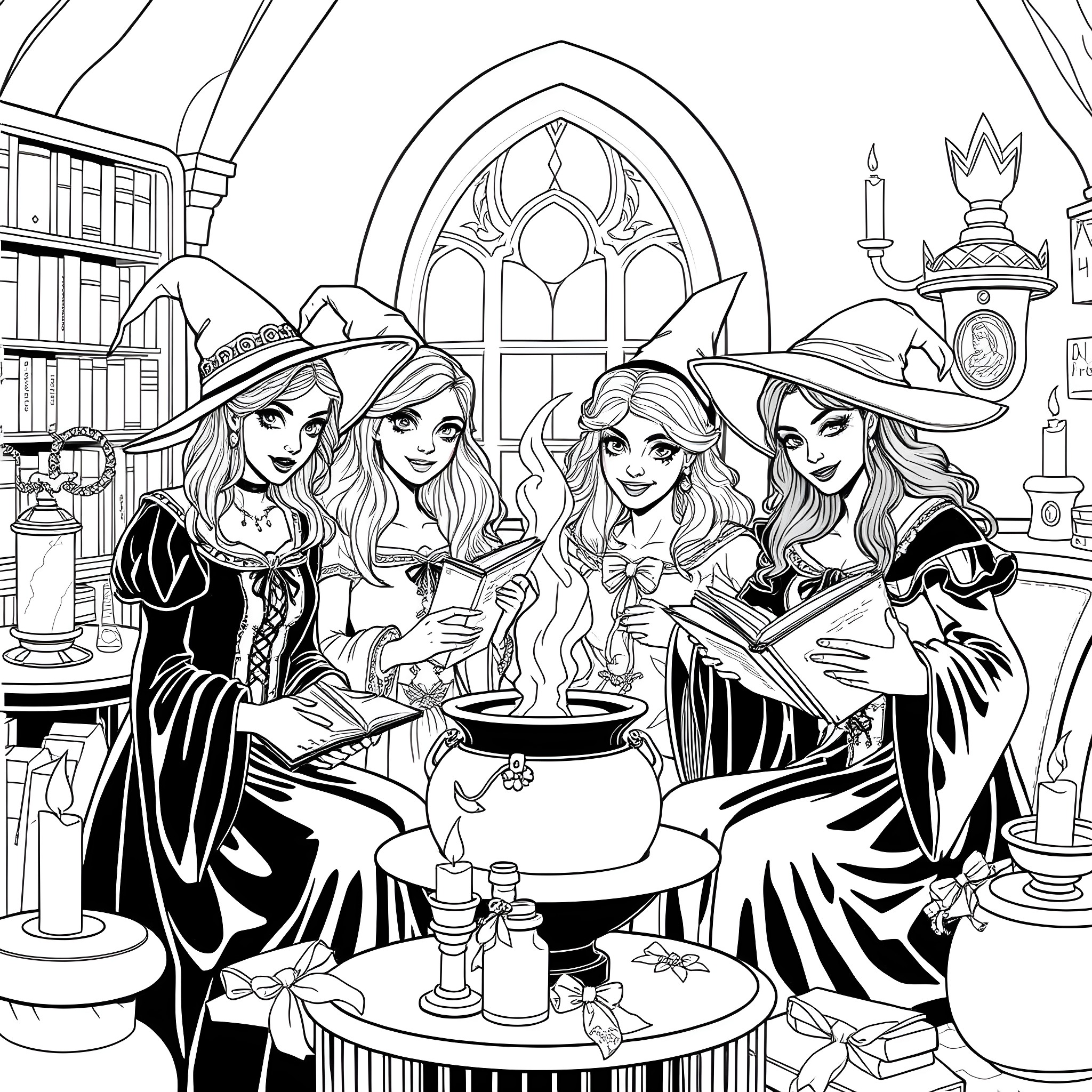 Sanderson Sisters brewing potions in their mystical abode Coloring Page (free black-and-white line drawing printable PDF for all, from beginners to advanced learners, including children, teens, adults, and seniors)