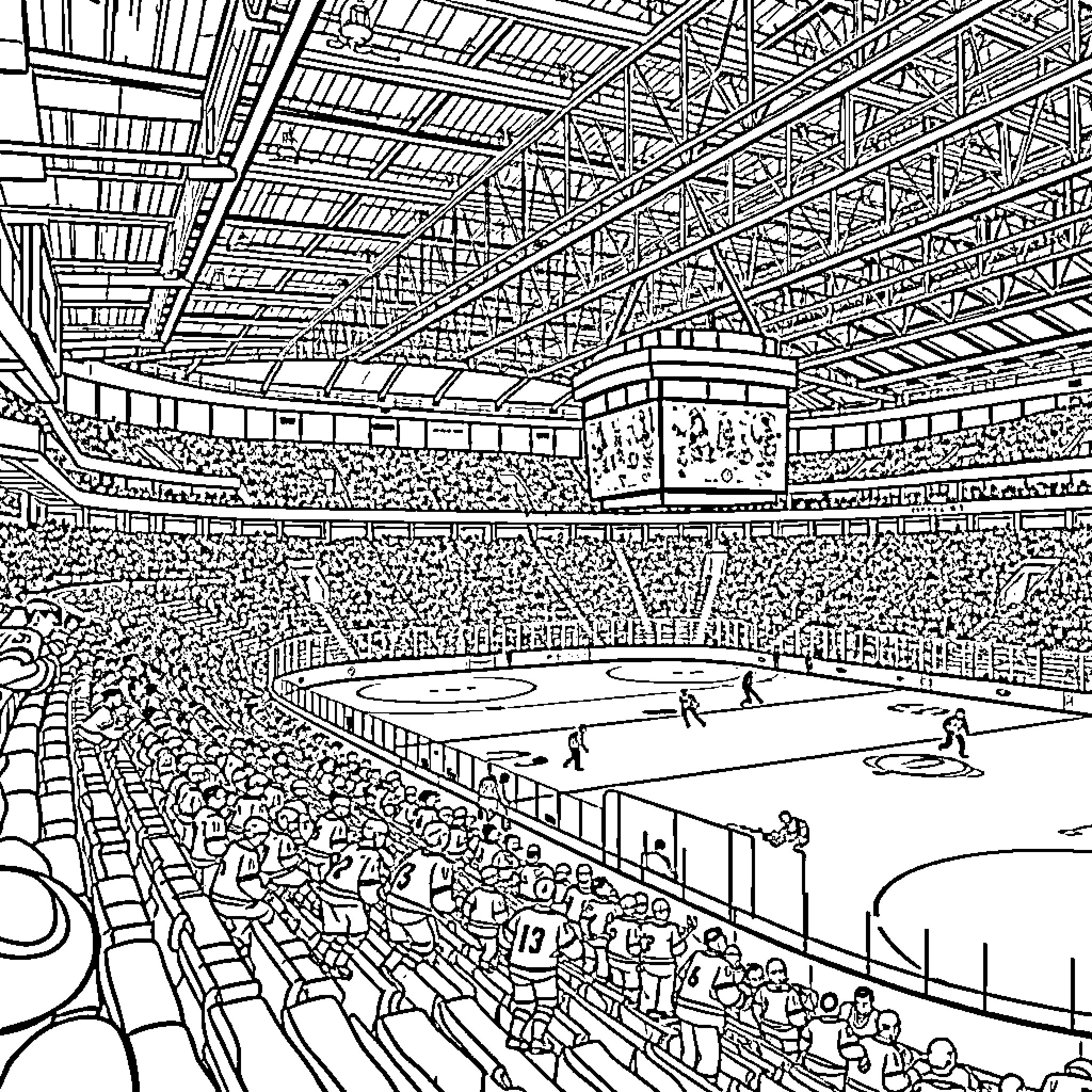 Hockey Arena with Intense Hockey Match Coloring Page (free black-and-white line drawing printable PDF for all, from beginners to advanced learners, including children, teens, adults, and seniors)