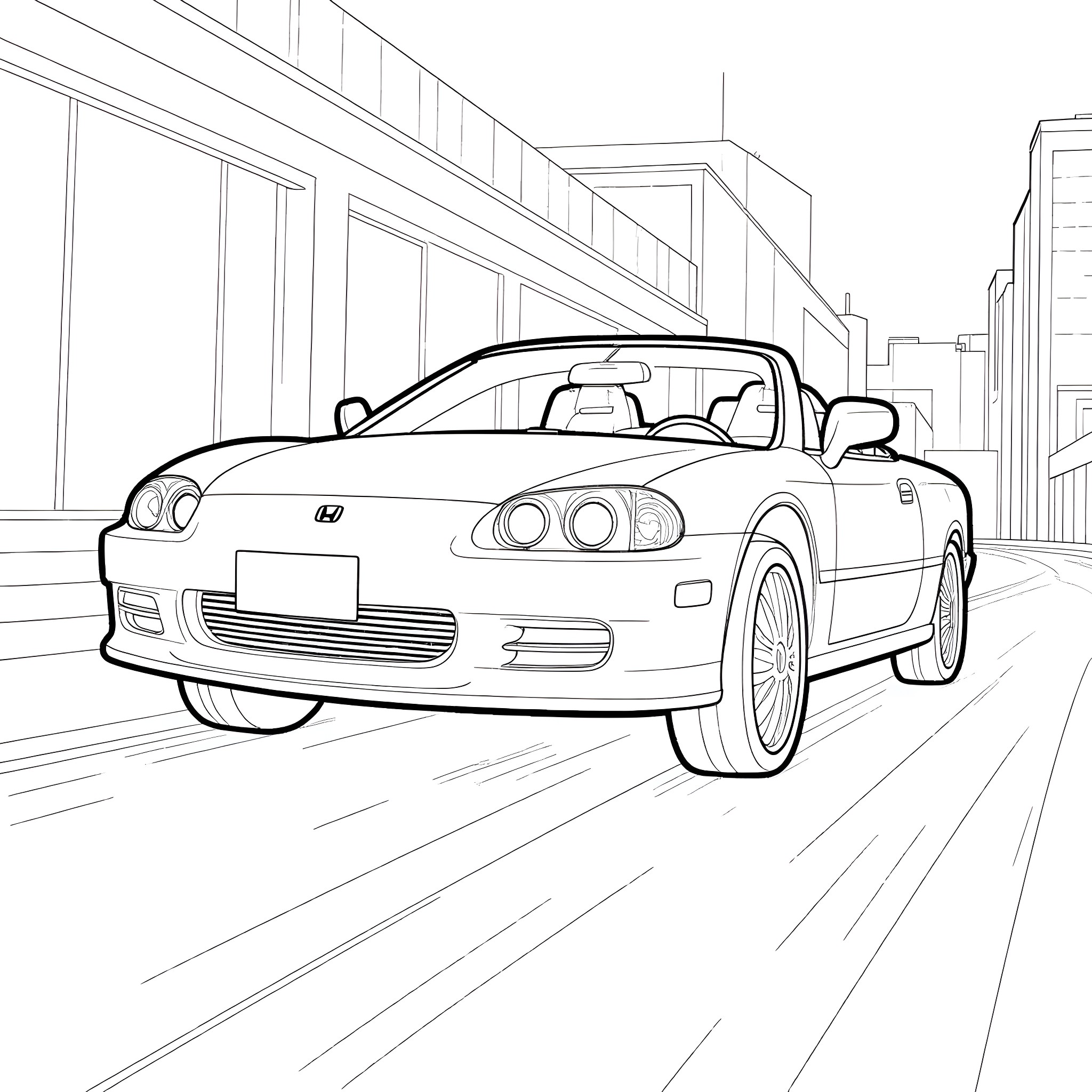 Batman Driving a Sports Car on the City Street Coloring Page (free black-and-white line drawing printable PDF for all, from beginners to advanced learners, including children, teens, adults, and seniors)