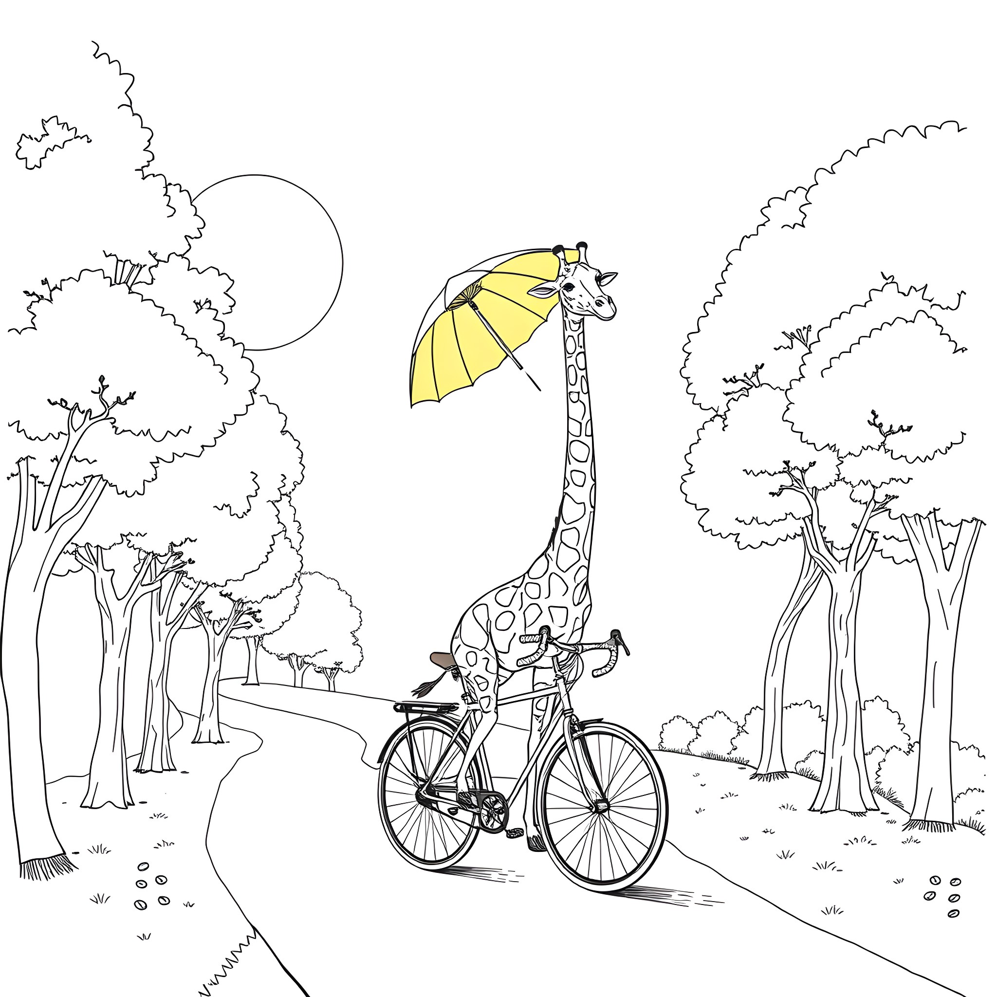 Giraffe riding a bicycle with an umbrella in the forest Coloring Page (free black-and-white line drawing printable PDF for all, from beginners to advanced learners, including children, teens, adults, and seniors)
