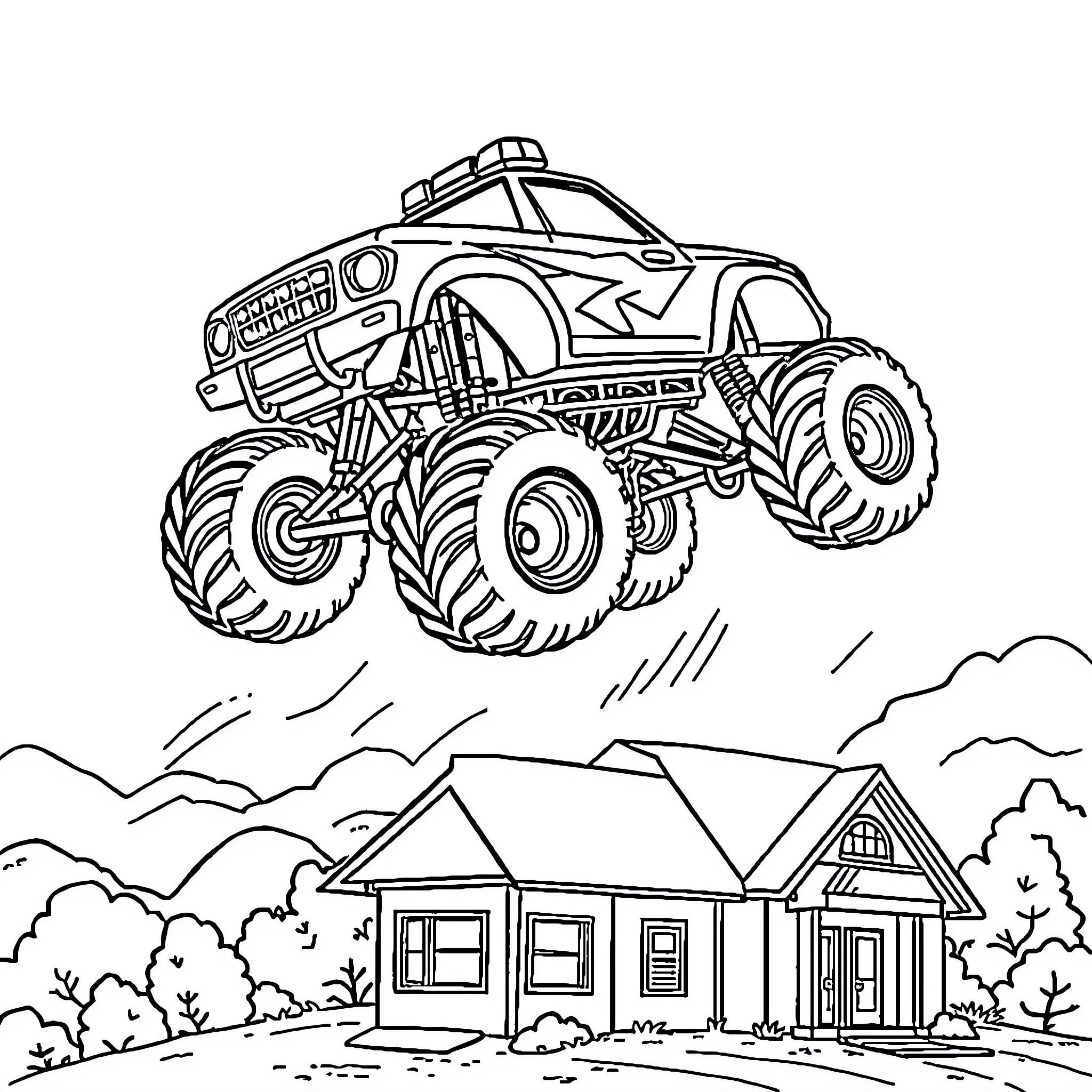 Monster Truck Soaring Over Rural Landscape Coloring Page (free black-and-white line drawing printable PDF for all, from beginners to advanced learners, including children, teens, adults, and seniors)