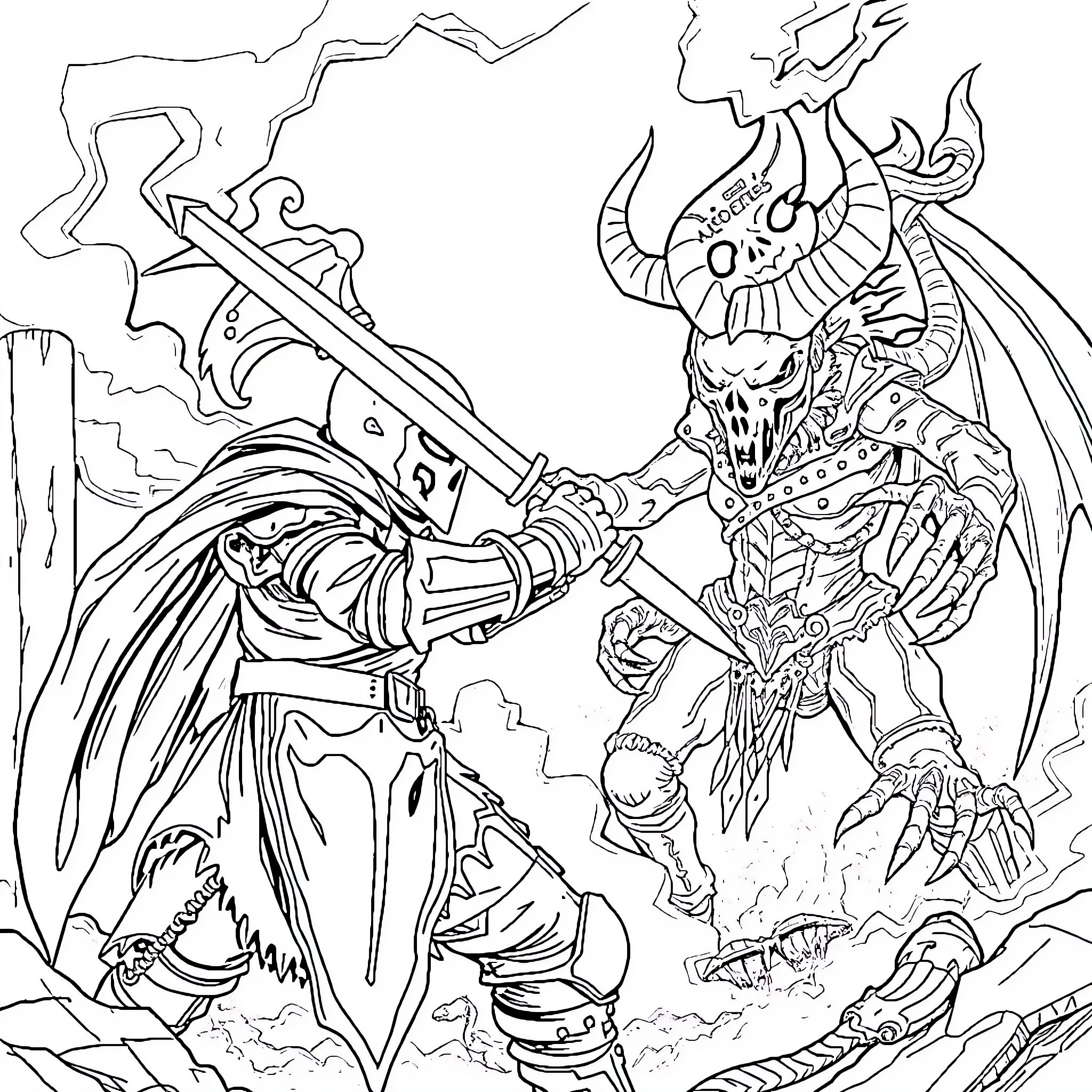 Knight's Fierce Battle with Demonic Warrior Coloring Page (free black-and-white line drawing printable PDF for all, from beginners to advanced learners, including children, teens, adults, and seniors)