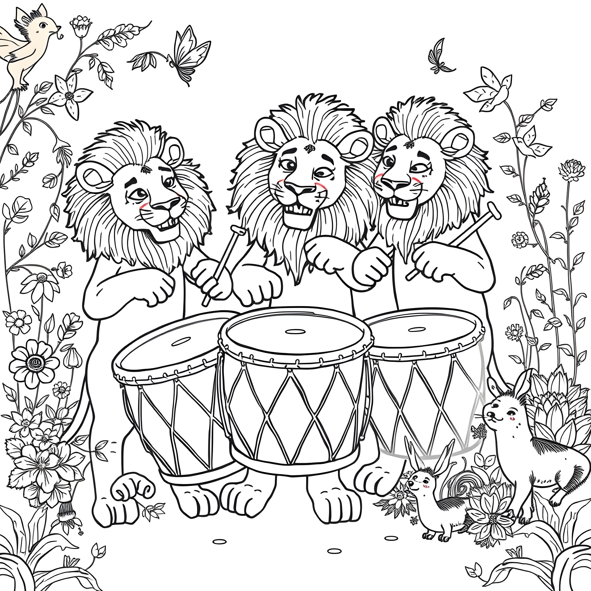 Lion trio playing drums in floral surroundings Coloring Page (free black-and-white line drawing printable PDF for all, from beginners to advanced learners, including children, teens, adults, and seniors)