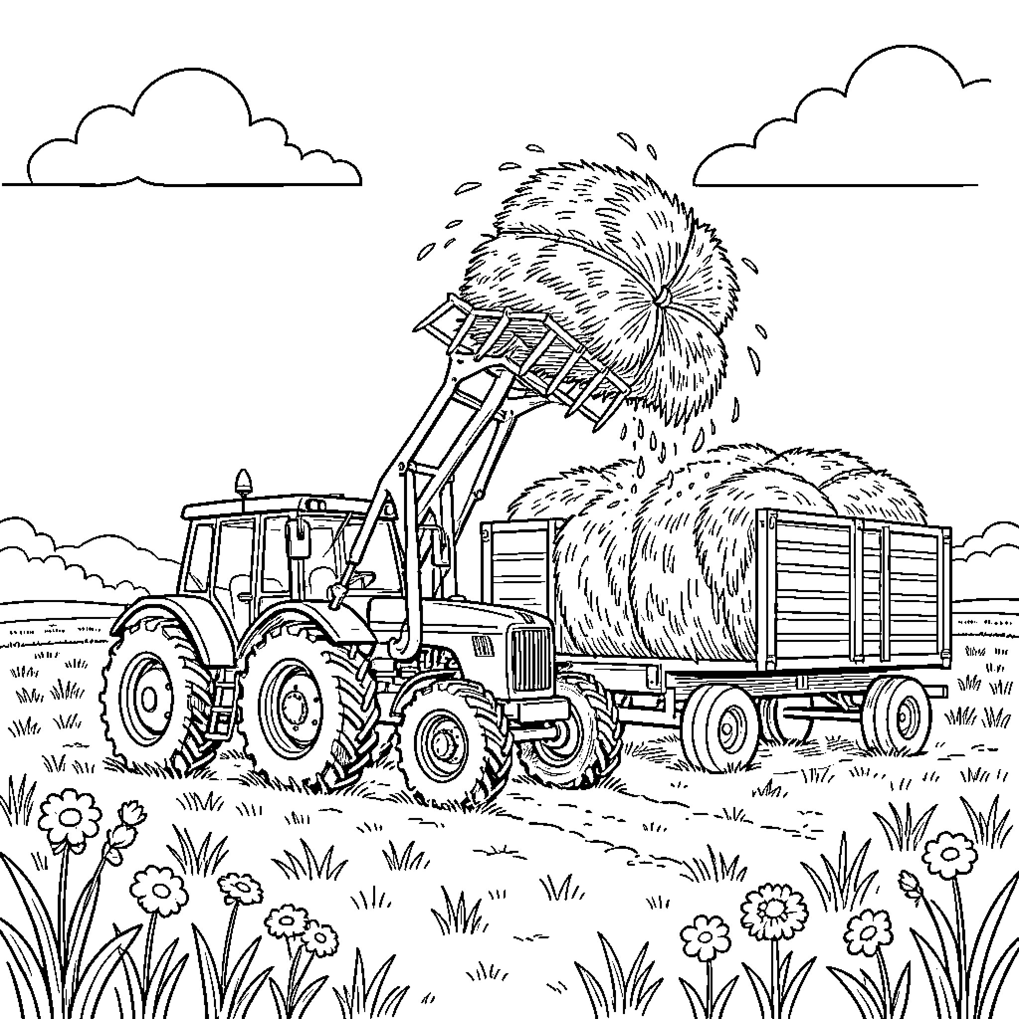 Tractor lifting a large hay bale into a trailer Coloring Page (free black-and-white line drawing printable PDF for all, from beginners to advanced learners, including children, teens, adults, and seniors)
