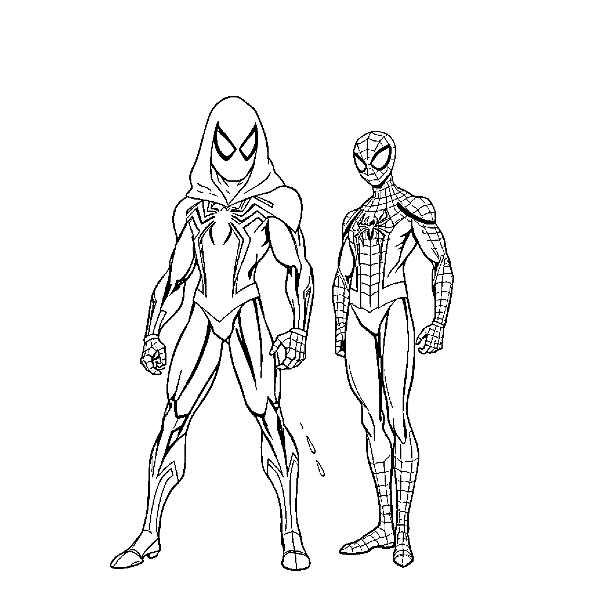 Ghost Spider and Spiderman in action poses Coloring Page (free black-and-white line drawing printable PDF for all, from beginners to advanced learners, including children, teens, adults, and seniors)