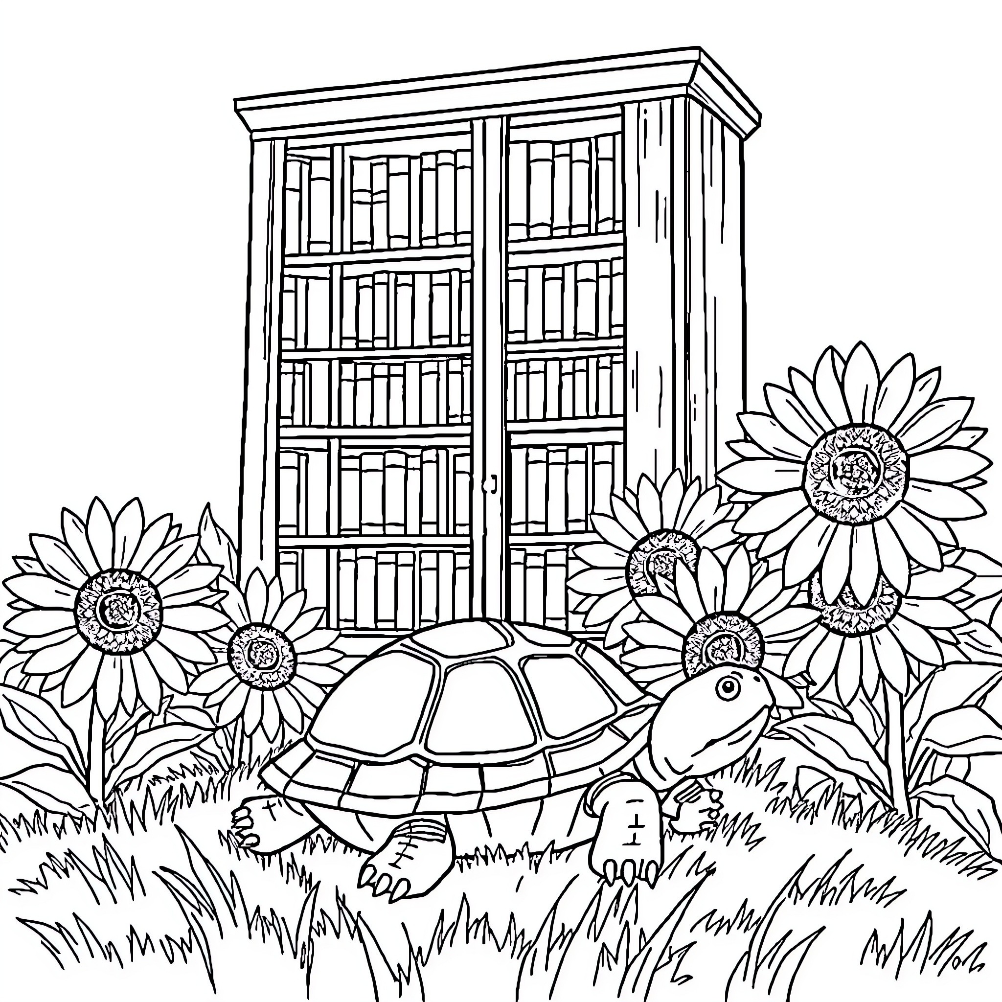 Turtle exploring a bookshelf garden Coloring Page (free black-and-white line drawing printable PDF for all, from beginners to advanced learners, including children, teens, adults, and seniors)