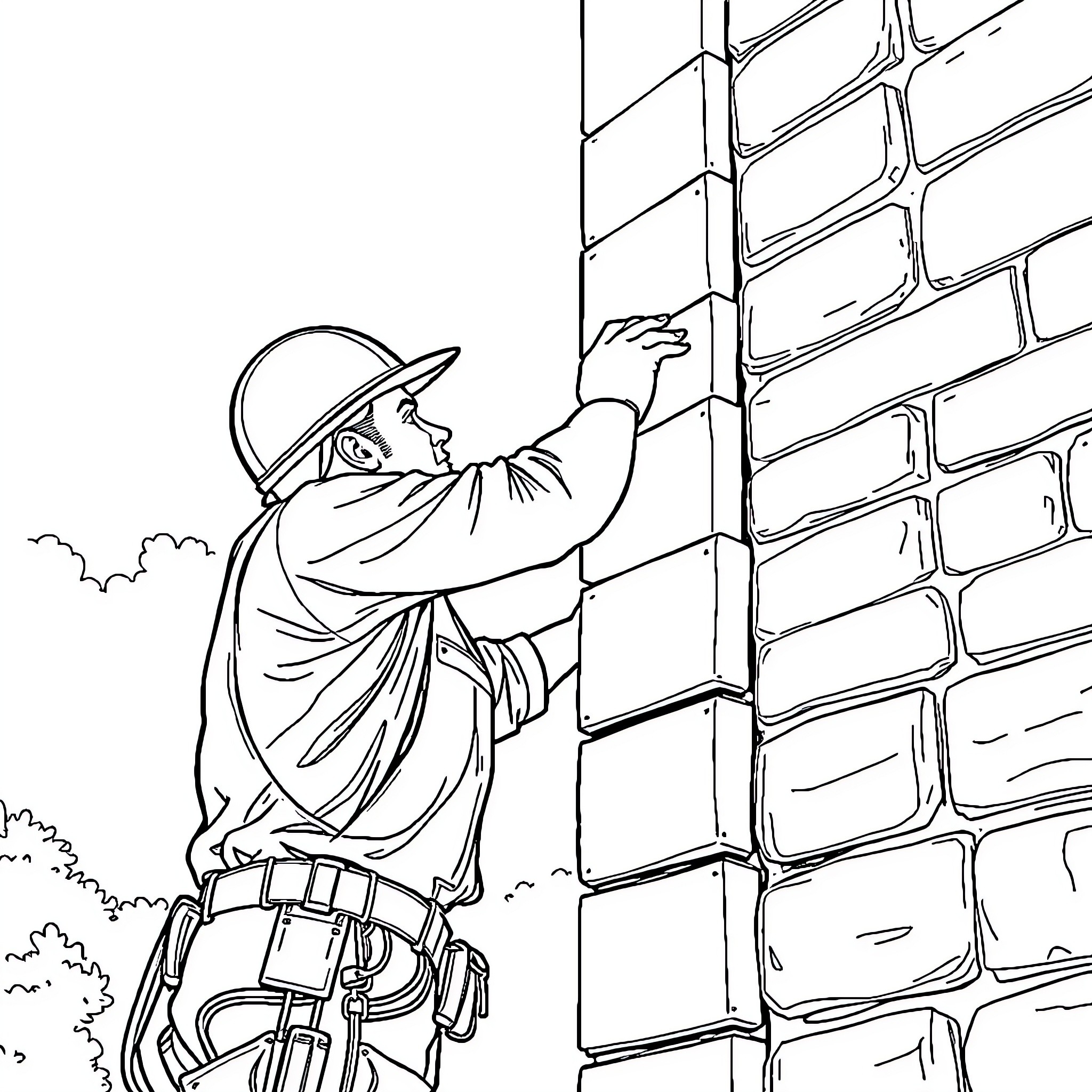 Builder working diligently on a brick wall construction Coloring Page (free black-and-white line drawing printable PDF for all, from beginners to advanced learners, including children, teens, adults, and seniors)