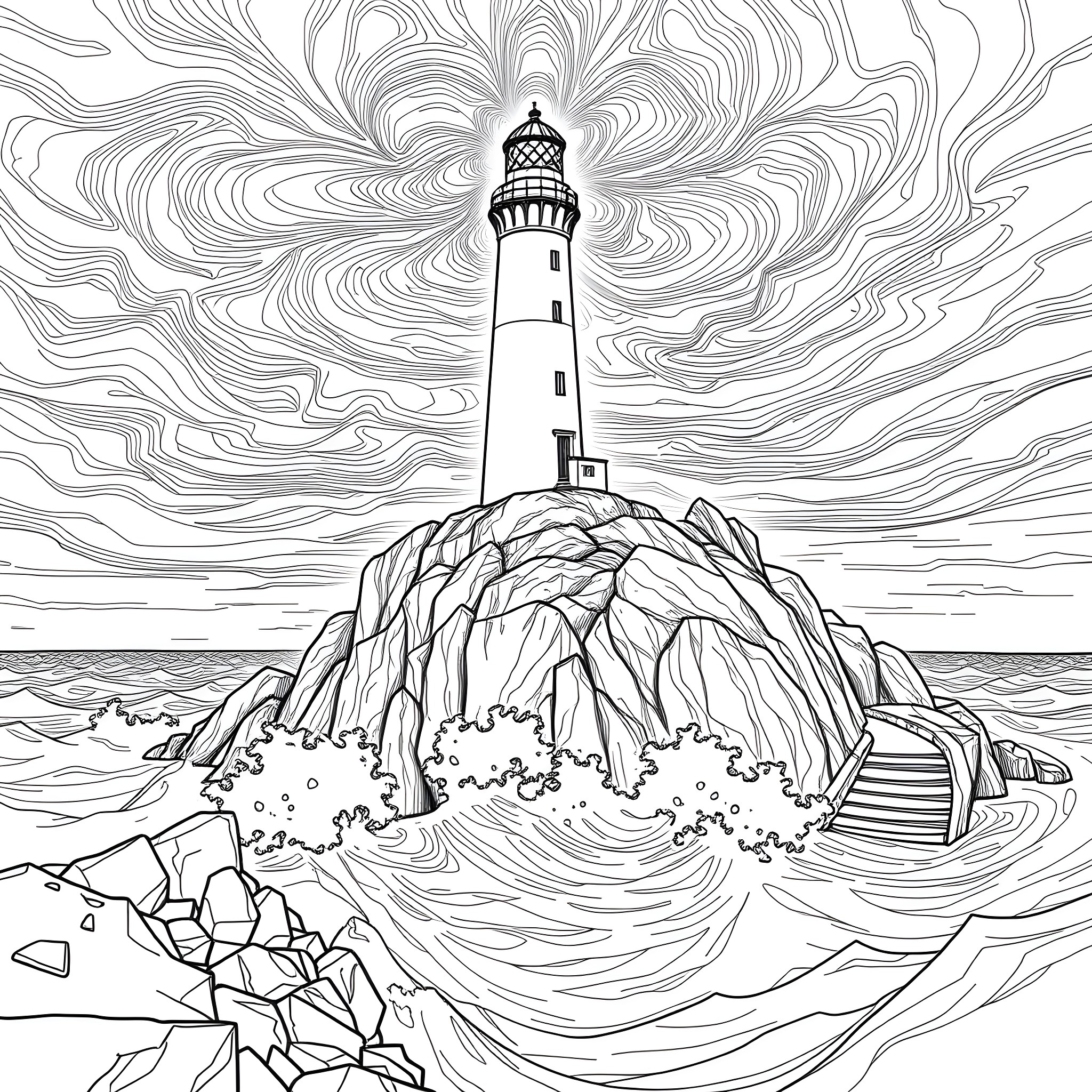 Lighthouse standing strong in the stormy sea Coloring Page (free black-and-white line drawing printable PDF for all, from beginners to advanced learners, including children, teens, adults, and seniors)