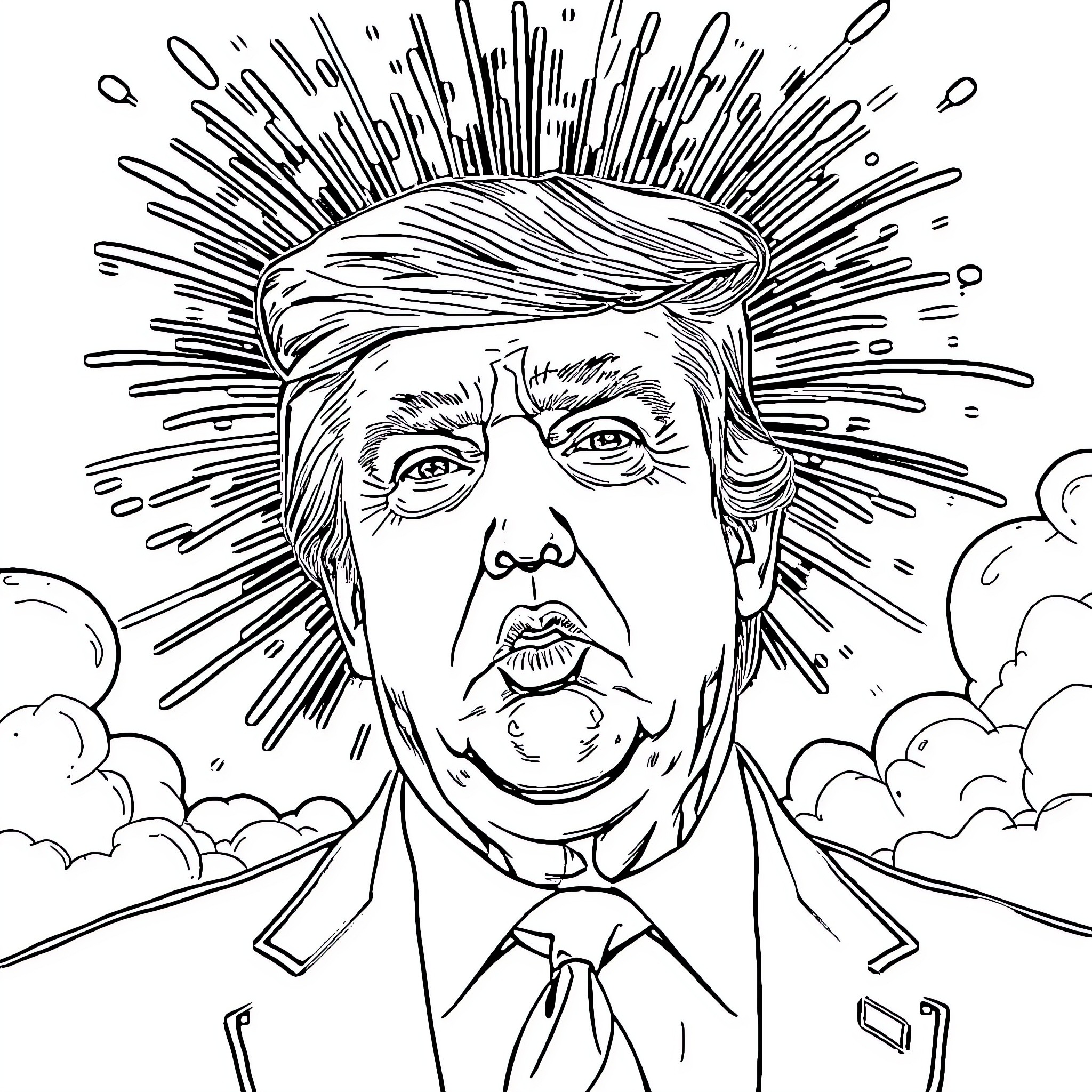 Donald Trump's Controversial and Expressive Portrait Coloring Page (free black-and-white line drawing printable PDF for all, from beginners to advanced learners, including children, teens, adults, and seniors)