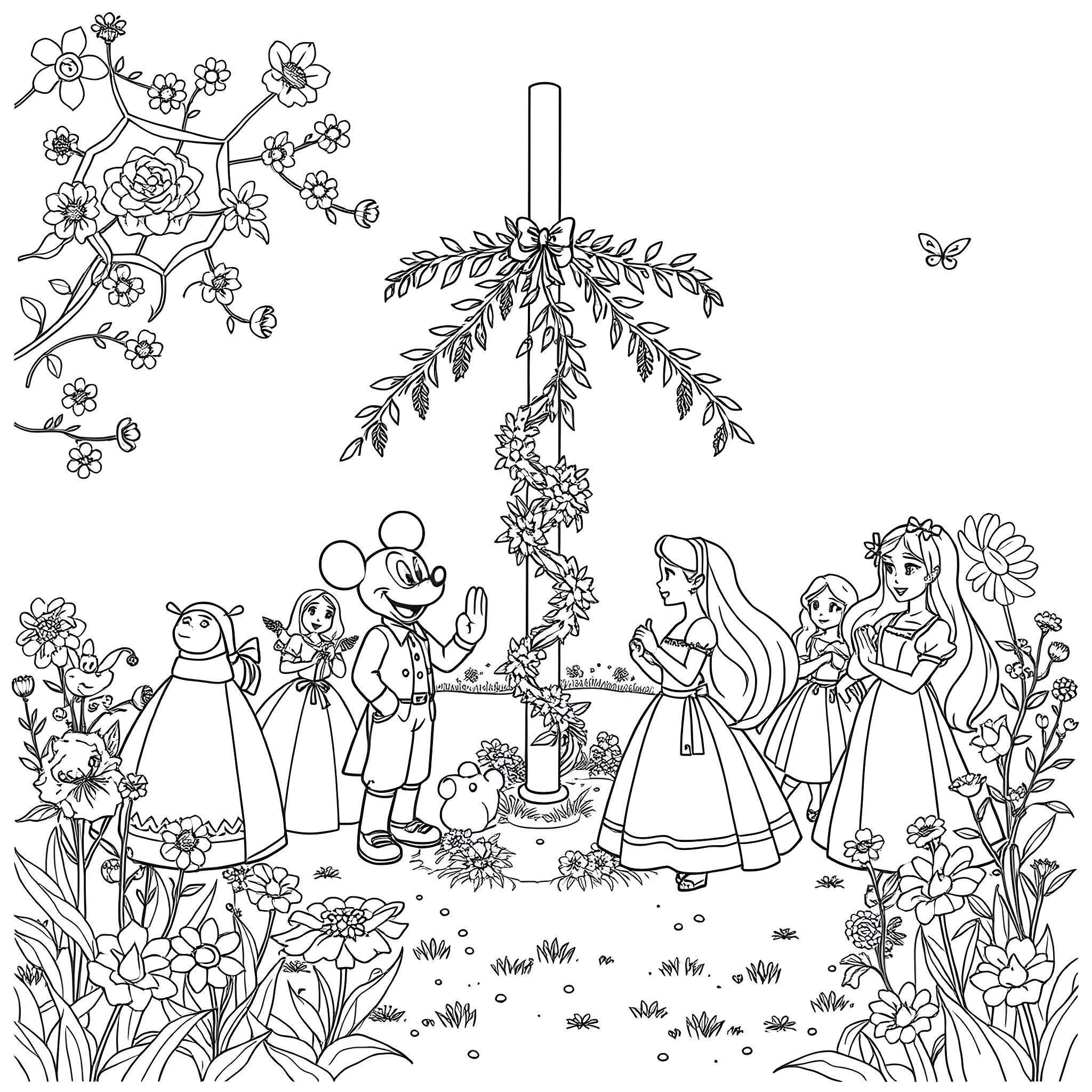 Disney Characters Enjoying a Floral Garden Scene Coloring Page (free black-and-white line drawing printable PDF for all, from beginners to advanced learners, including children, teens, adults, and seniors)