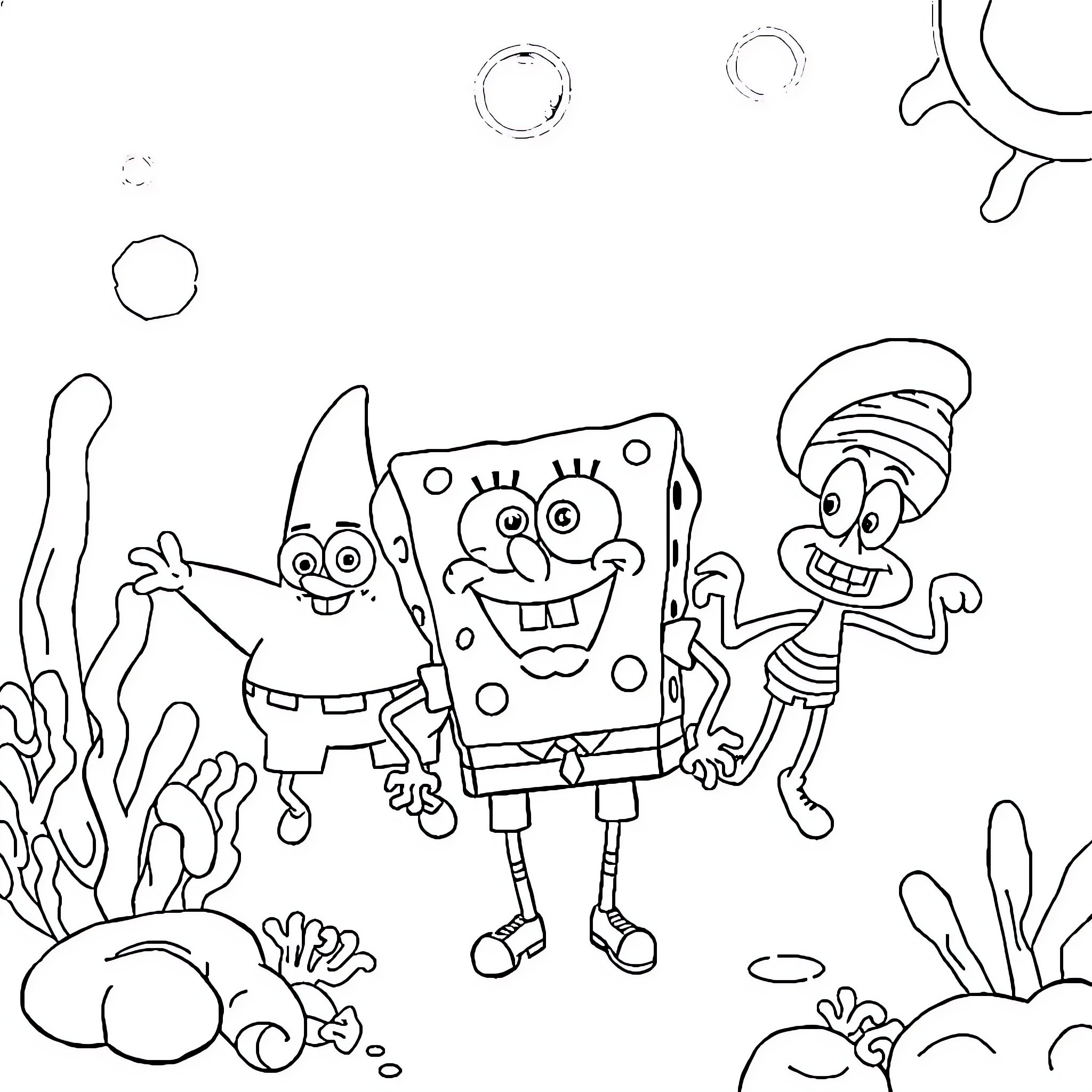 Spongebob and friends in an underwater scene Coloring Page (free black-and-white line drawing printable PDF for all, from beginners to advanced learners, including children, teens, adults, and seniors)