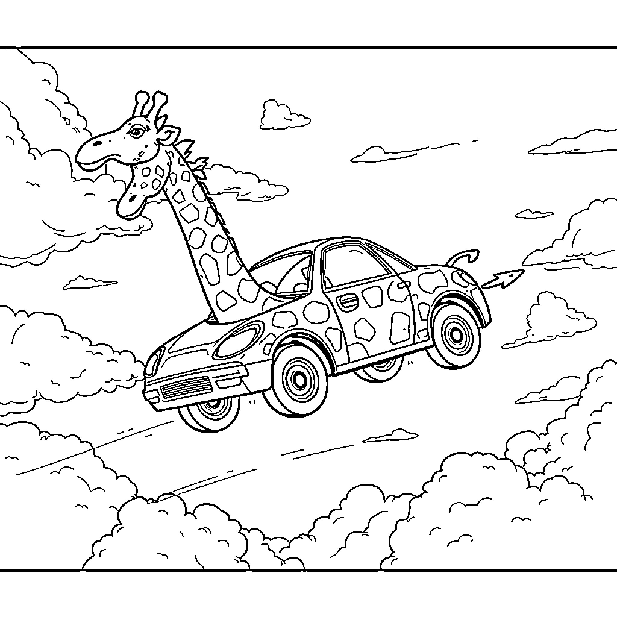 Flying Car with a Whimsical Giraffe Passenger Coloring Page (free black-and-white line drawing printable PDF for all, from beginners to advanced learners, including children, teens, adults, and seniors)