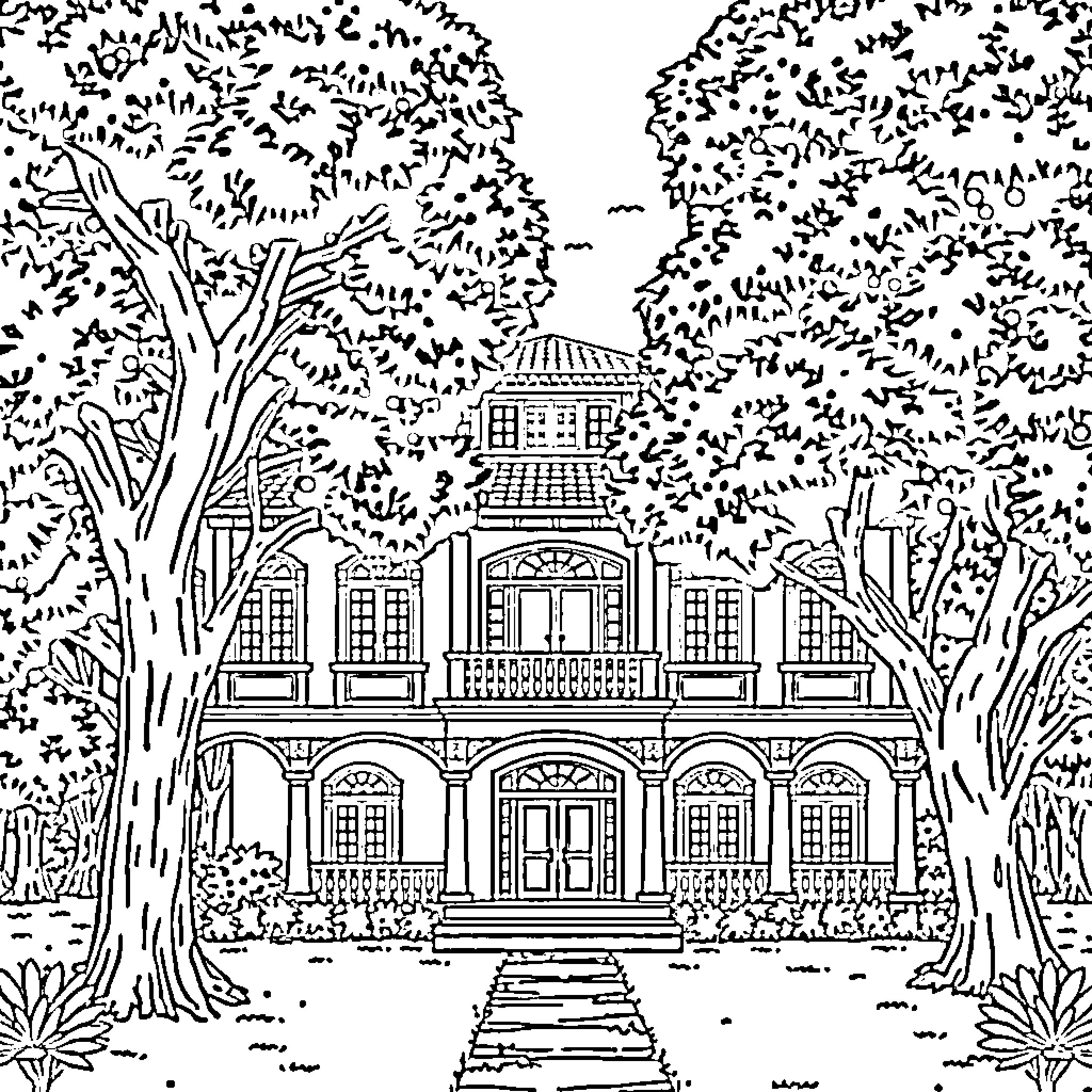 Casa of grand Victorian-style architecture in wooded setting Coloring Page (free black-and-white line drawing printable PDF for all, from beginners to advanced learners, including children, teens, adults, and seniors)