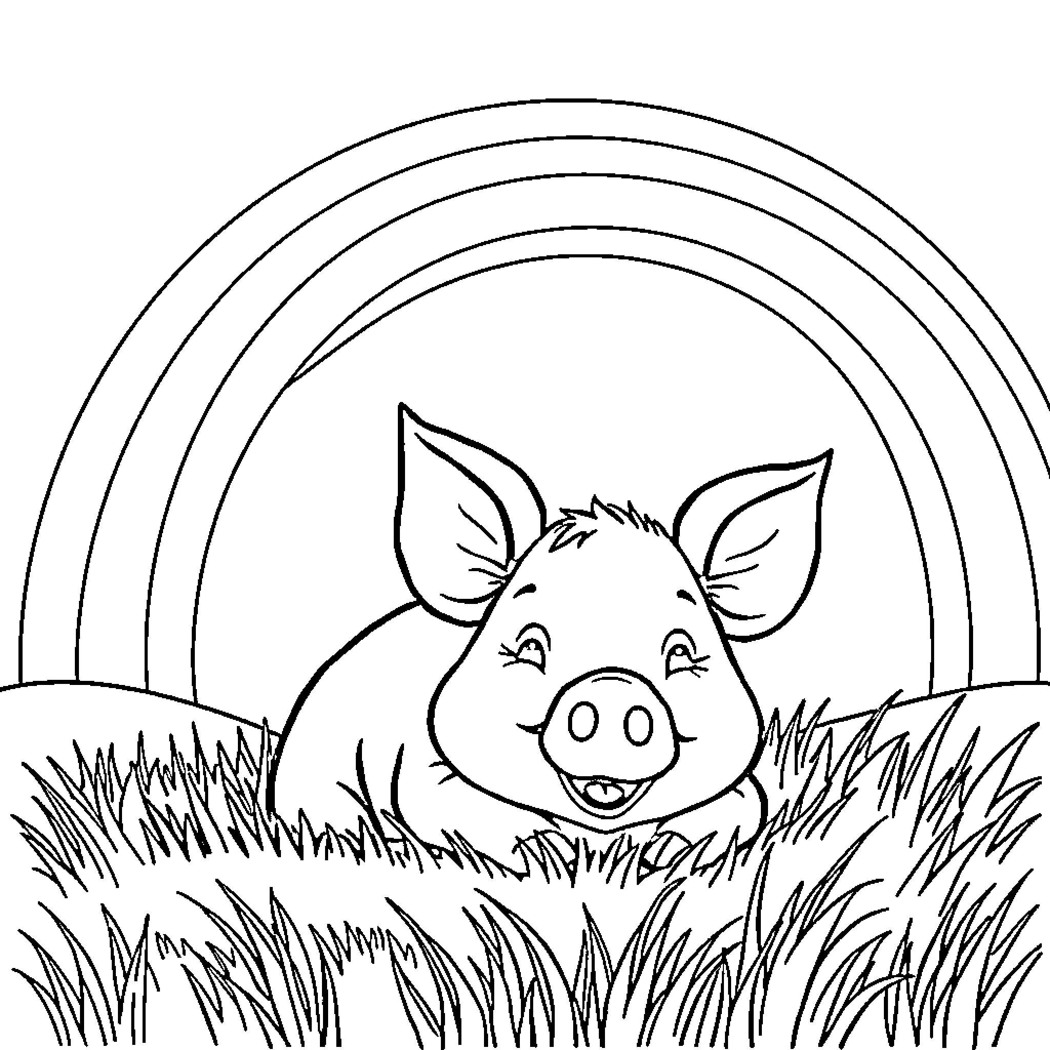 Pig gazing happily in a grassy field Coloring Page (free black-and-white line drawing printable PDF for all, from beginners to advanced learners, including children, teens, adults, and seniors)