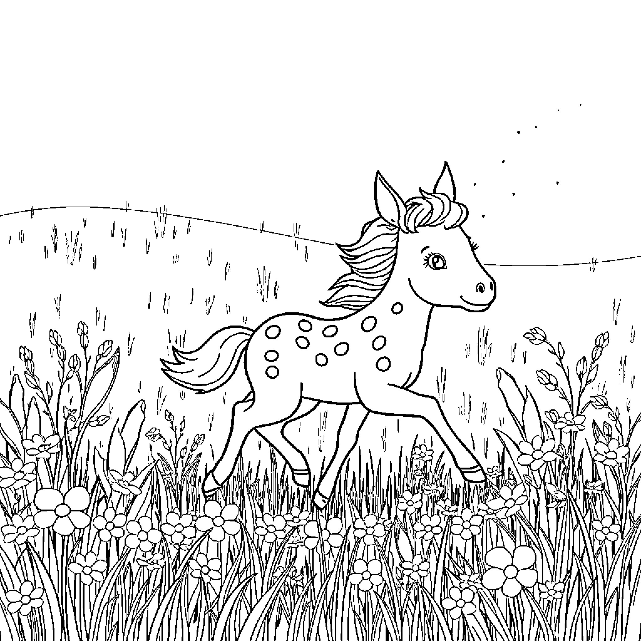 Girl exploring a magical meadow with a spotted pony Coloring Page (free black-and-white line drawing printable PDF for all, from beginners to advanced learners, including children, teens, adults, and seniors)