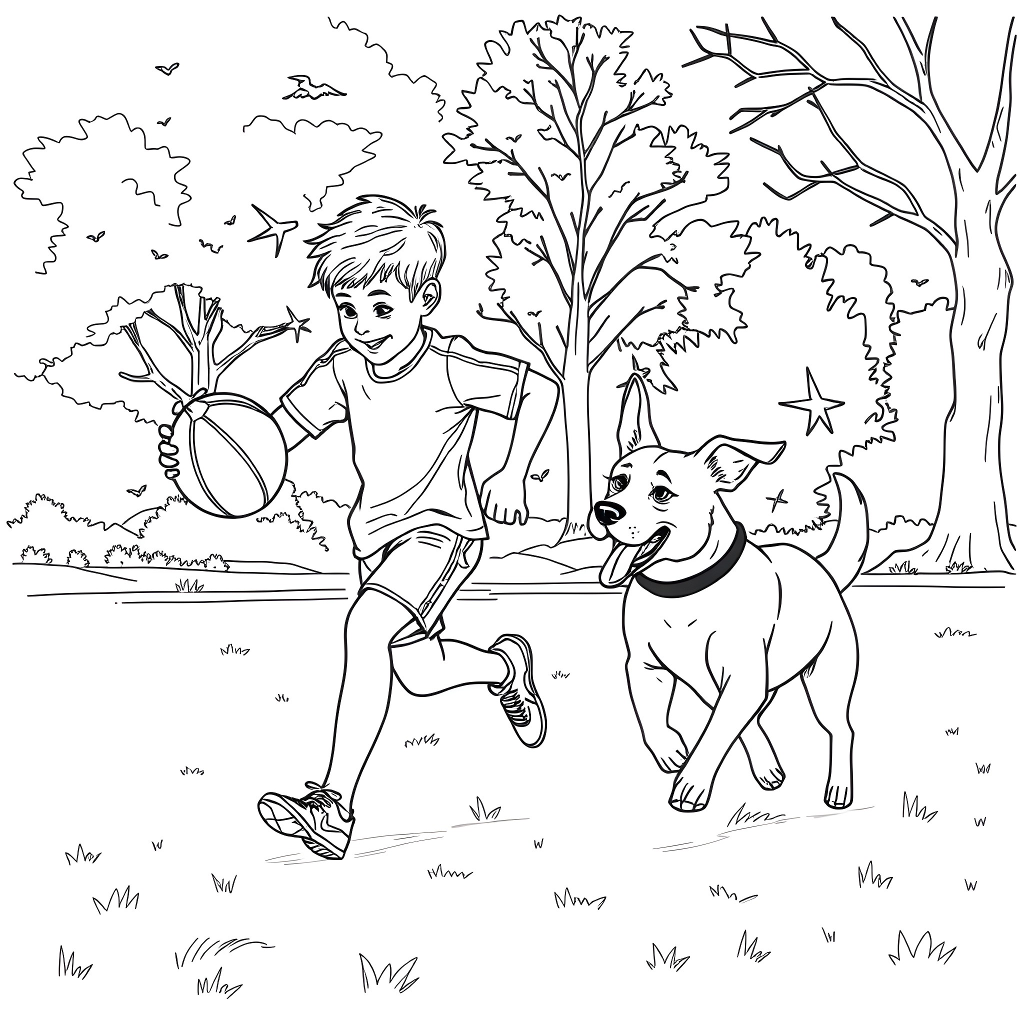 Boy playing with dog in the park Coloring Page (free black-and-white line drawing printable PDF for all, from beginners to advanced learners, including children, teens, adults, and seniors)