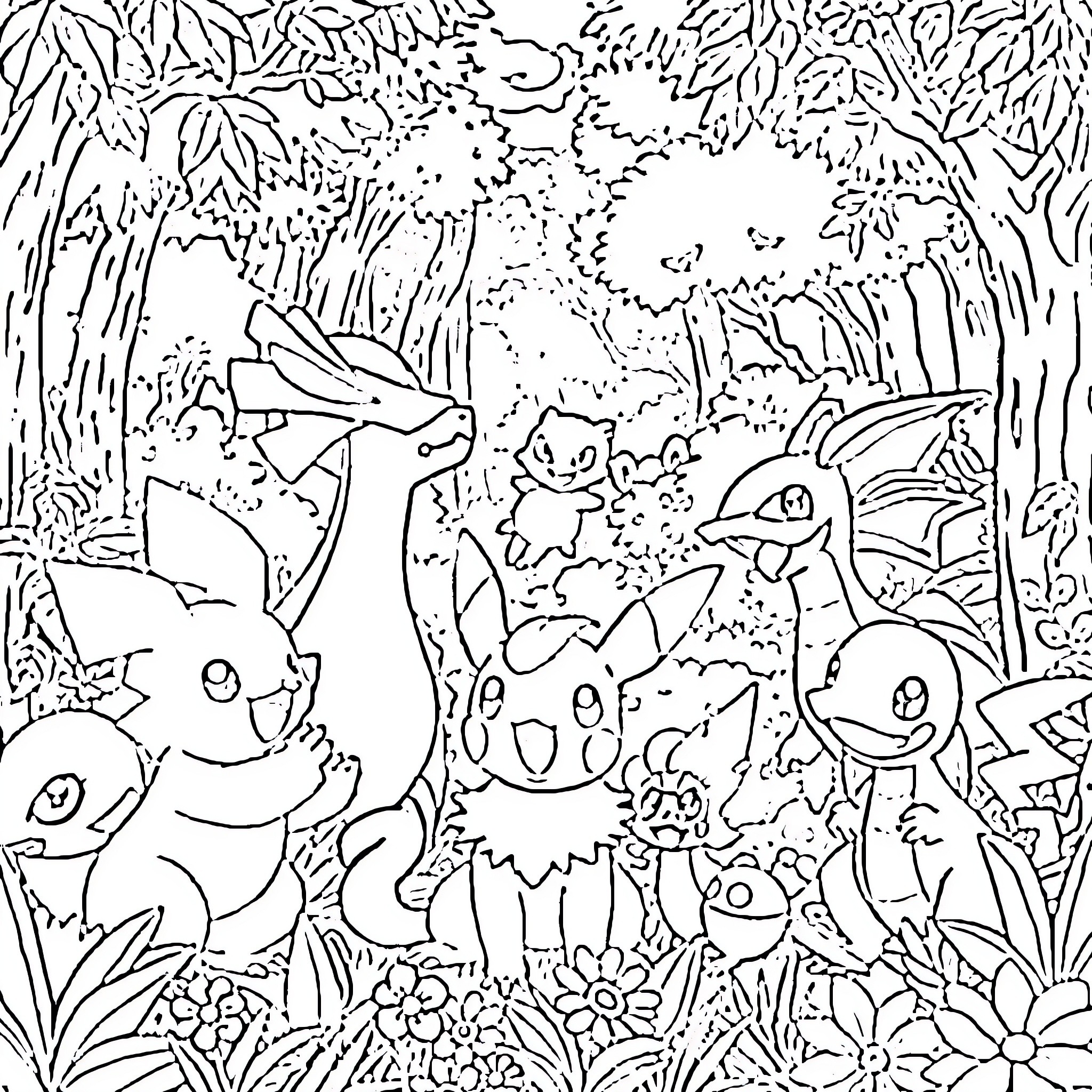 Pokémon Characters in a Lush Woodland Landscape Coloring Page (free black-and-white line drawing printable PDF for all, from beginners to advanced learners, including children, teens, adults, and seniors)