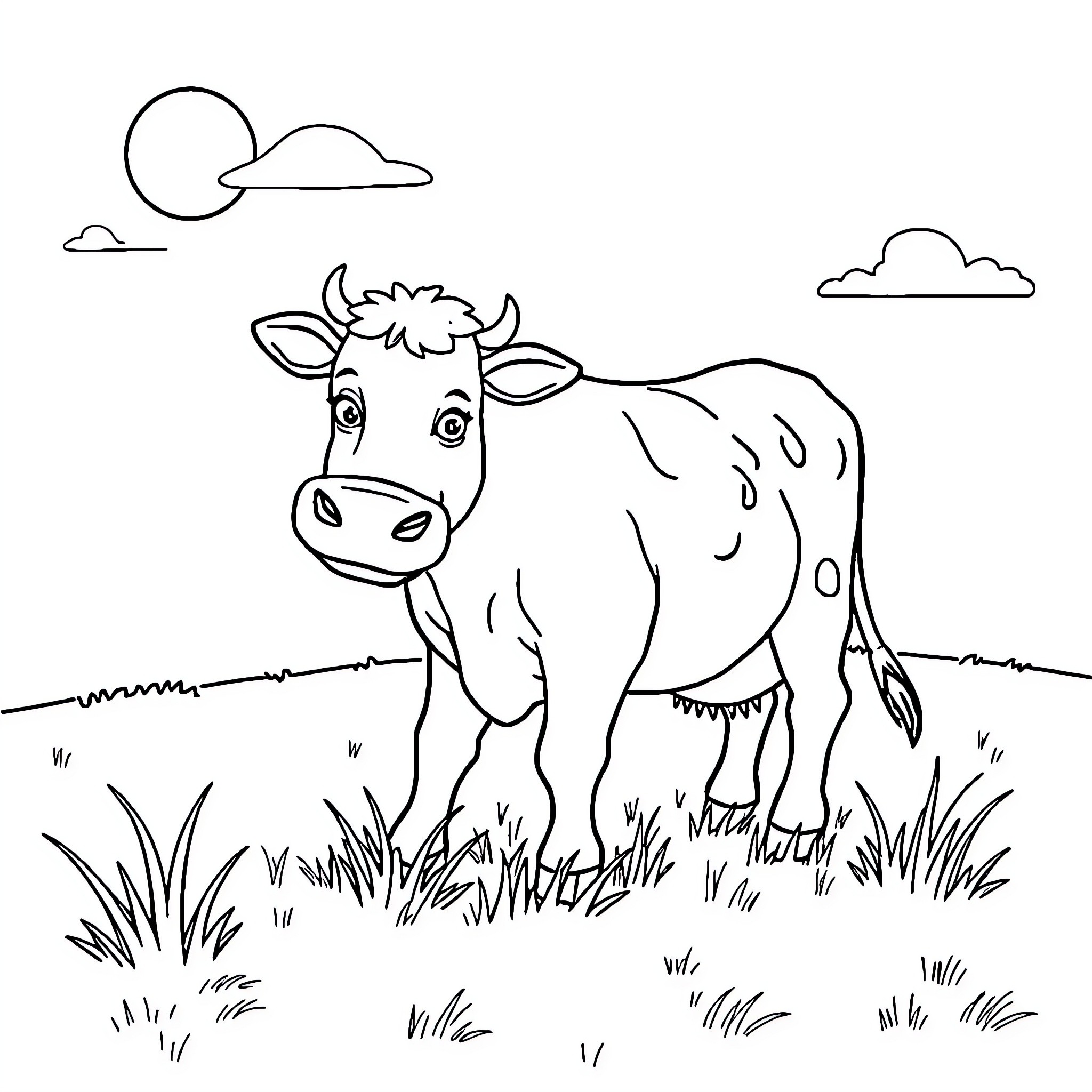 Cow enjoying a sunny day in the field Coloring Page (free black-and-white line drawing printable PDF for all, from beginners to advanced learners, including children, teens, adults, and seniors)