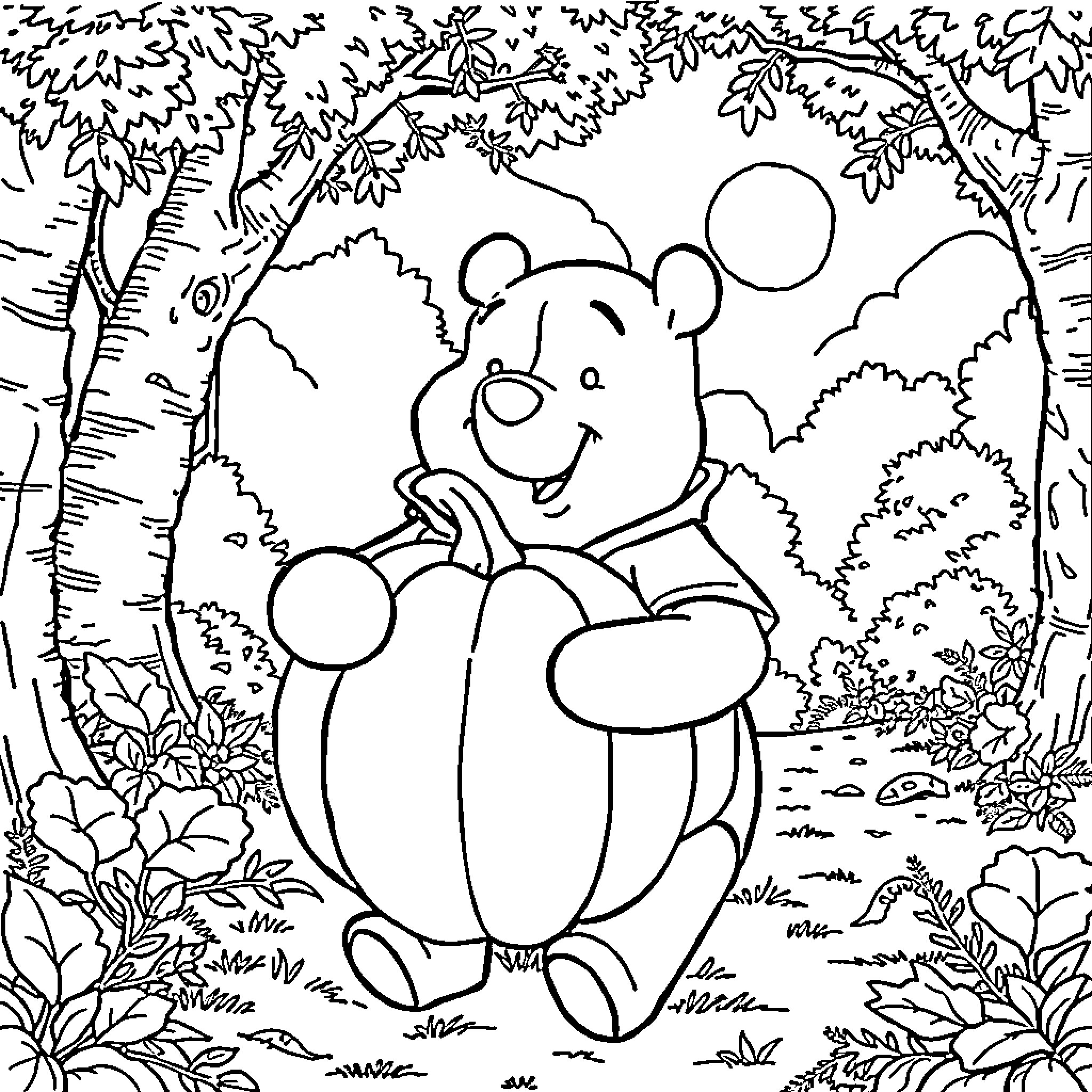 Winnie The Pooh relaxing in the forest Coloring Page (free black-and-white line drawing printable PDF for all, from beginners to advanced learners, including children, teens, adults, and seniors)