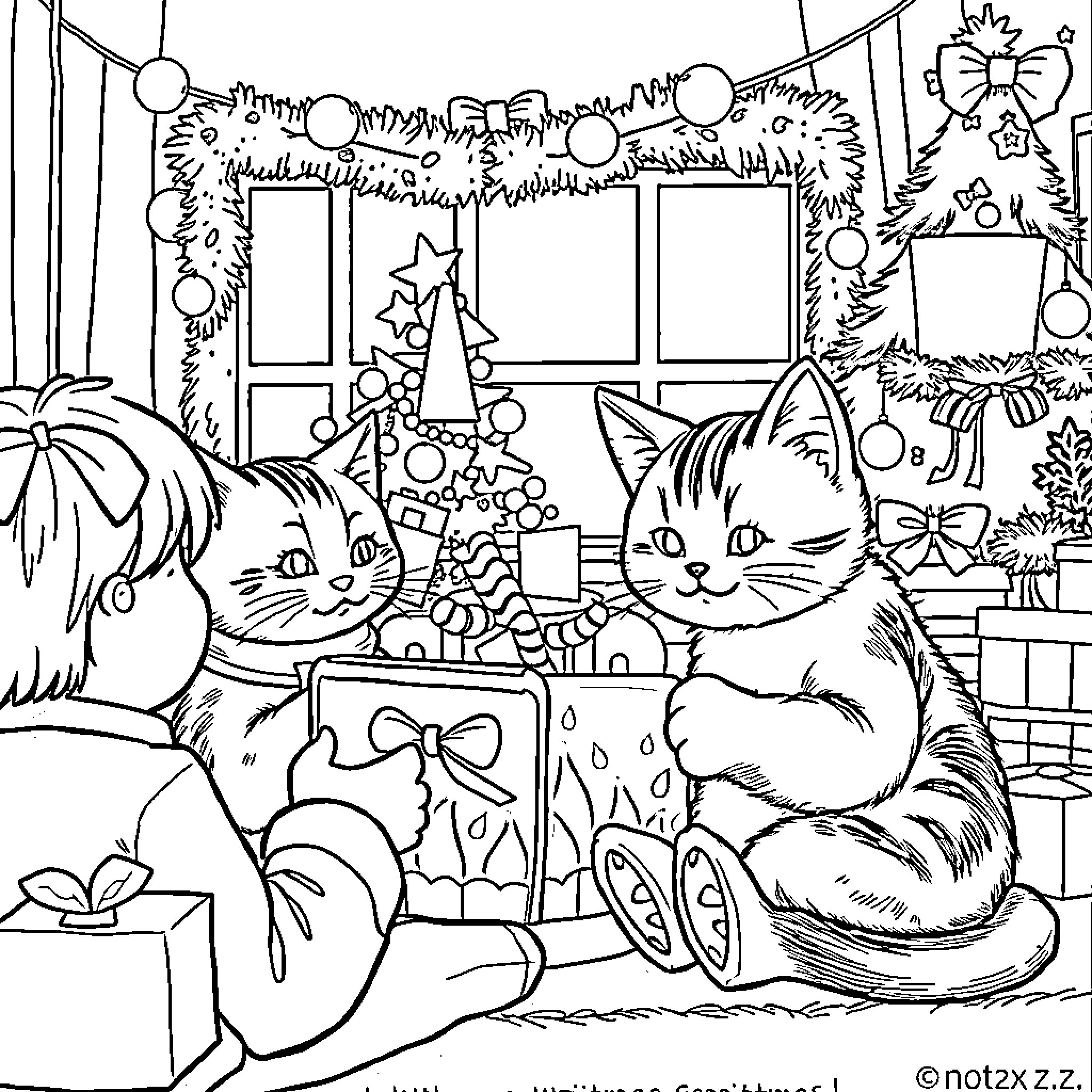 Cats Enjoying Christmas Decorations Coloring Page (free black-and-white line drawing printable PDF for all, from beginners to advanced learners, including children, teens, adults, and seniors)