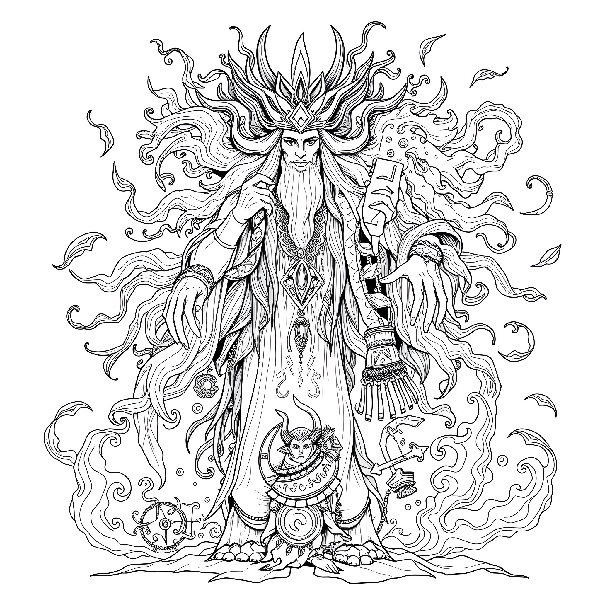 Great Spirit Shaman in Spiritual Trance Coloring Page (free black-and-white line drawing printable PDF for all, from beginners to advanced learners, including children, teens, adults, and seniors)