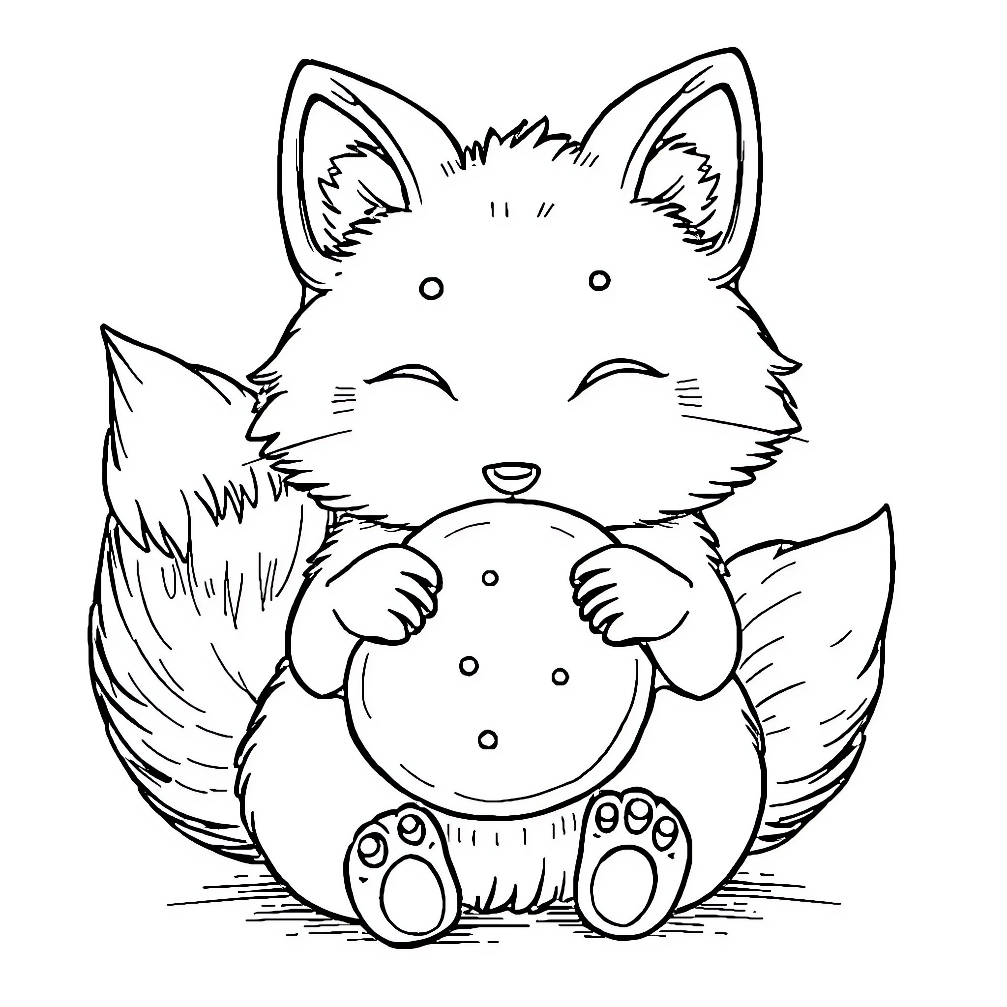 Kitsune curled up with a round ornament Coloring Page (free black-and-white line drawing printable PDF for all, from beginners to advanced learners, including children, teens, adults, and seniors)