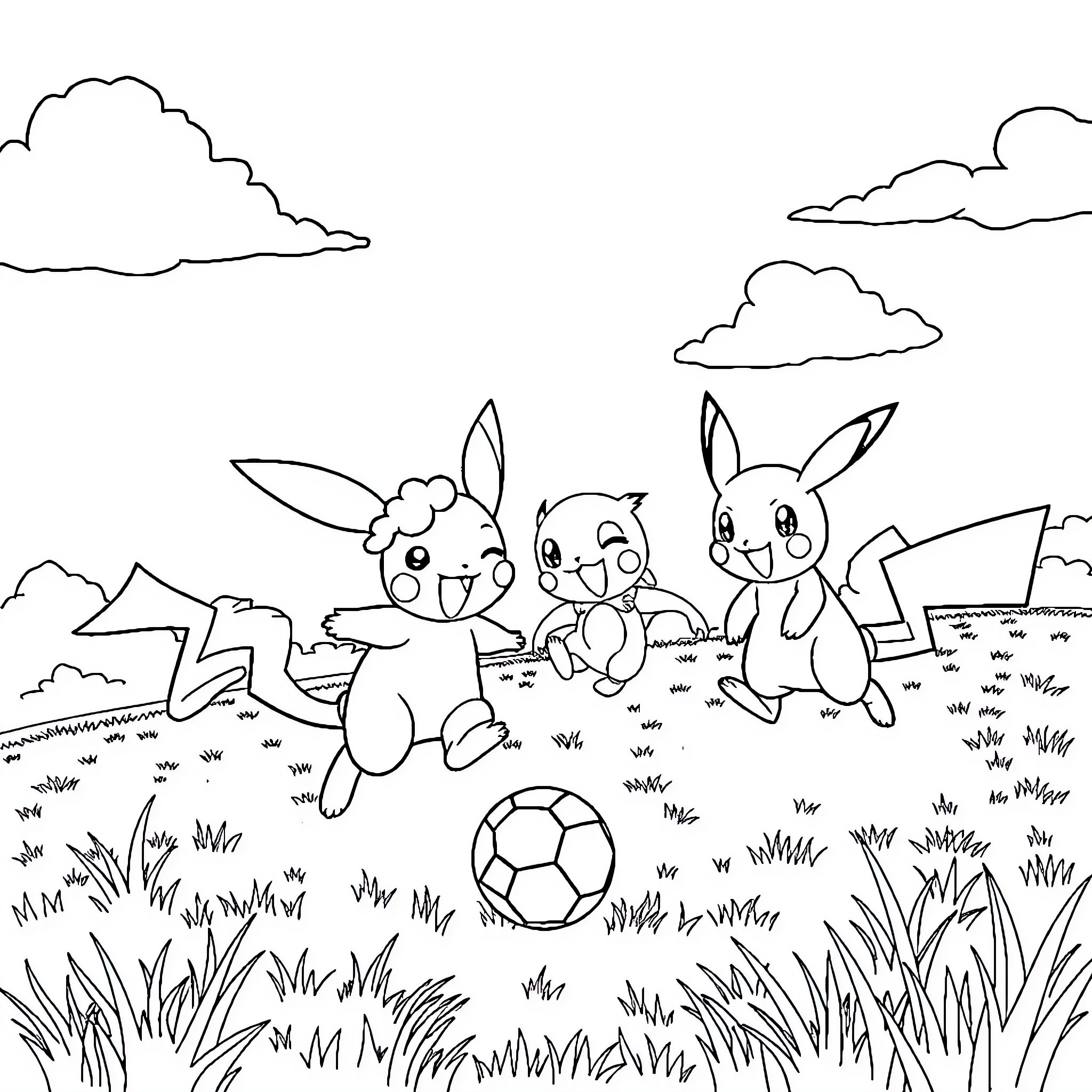 Pokémon characters playing with soccer ball in nature Coloring Page (free black-and-white line drawing printable PDF for all, from beginners to advanced learners, including children, teens, adults, and seniors)
