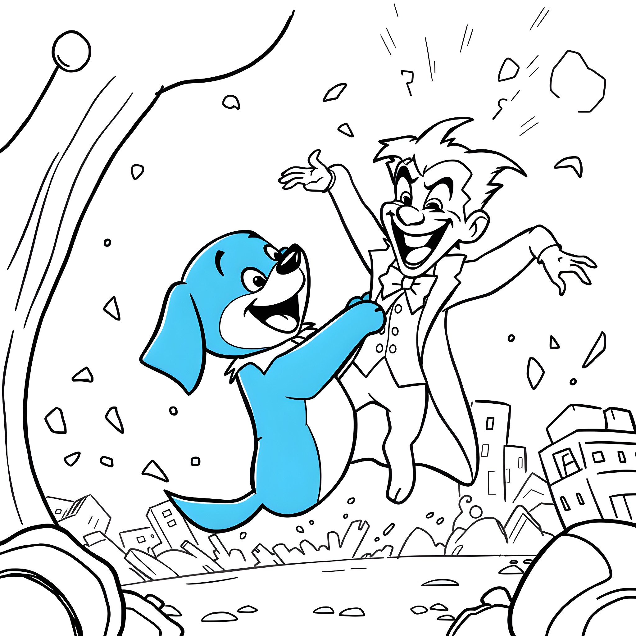 Bluey and friend in a lively celebration Coloring Page (free black-and-white line drawing printable PDF for all, from beginners to advanced learners, including children, teens, adults, and seniors)