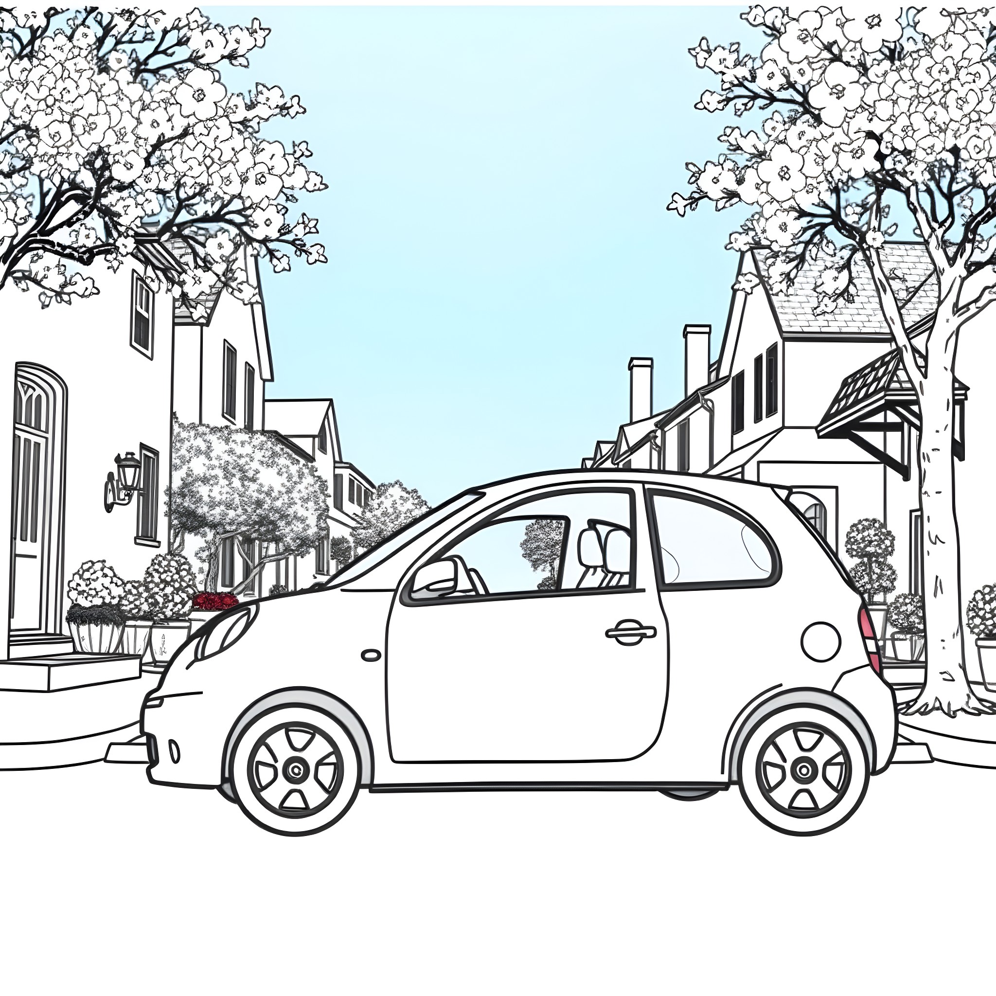 Nissan Micra in a charming urban setting Coloring Page (free black-and-white line drawing printable PDF for all, from beginners to advanced learners, including children, teens, adults, and seniors)