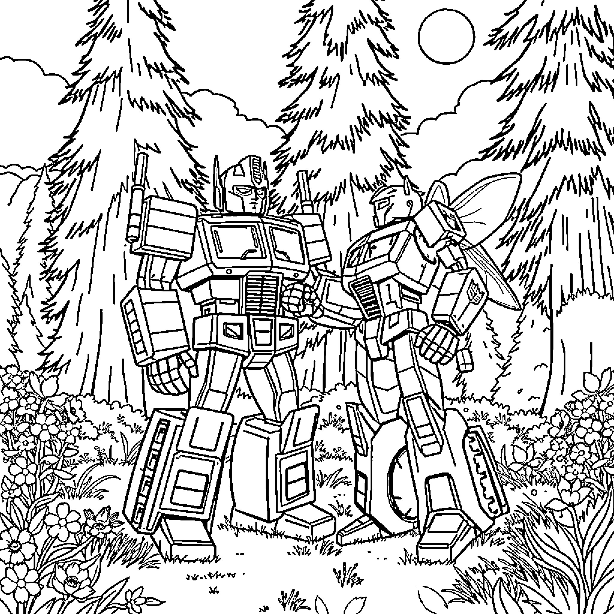 Optimus Prime in an epic forest landscape Coloring Page (free black-and-white line drawing printable PDF for all, from beginners to advanced learners, including children, teens, adults, and seniors)