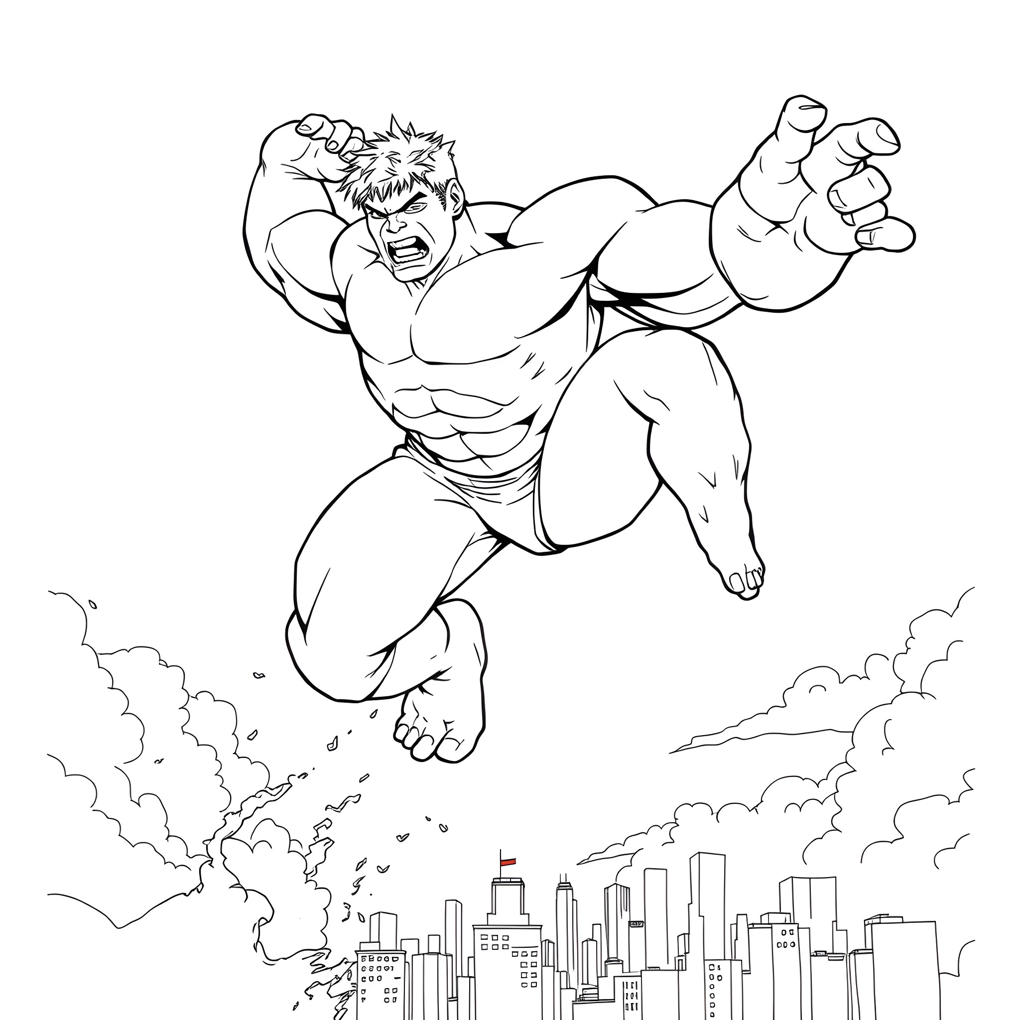 Hulk smashing through the city Coloring Page (free black-and-white line drawing printable PDF for all, from beginners to advanced learners, including children, teens, adults, and seniors)