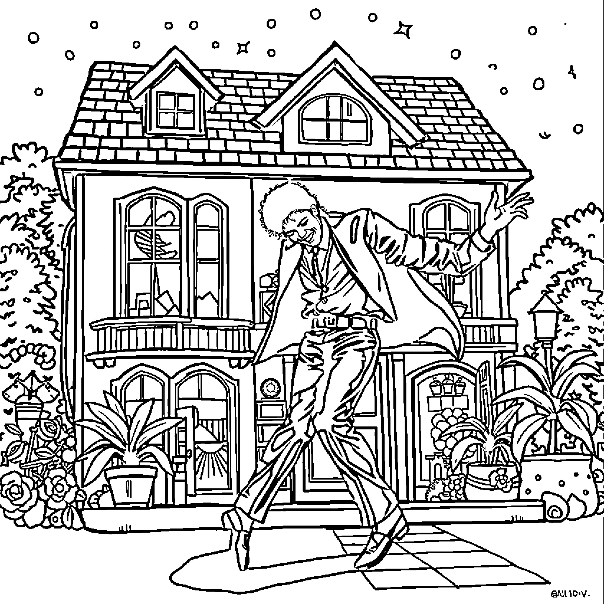 Gabby Dollhouse: Protagonist exploring a cozy home Coloring Page (free black-and-white line drawing printable PDF for all, from beginners to advanced learners, including children, teens, adults, and seniors)